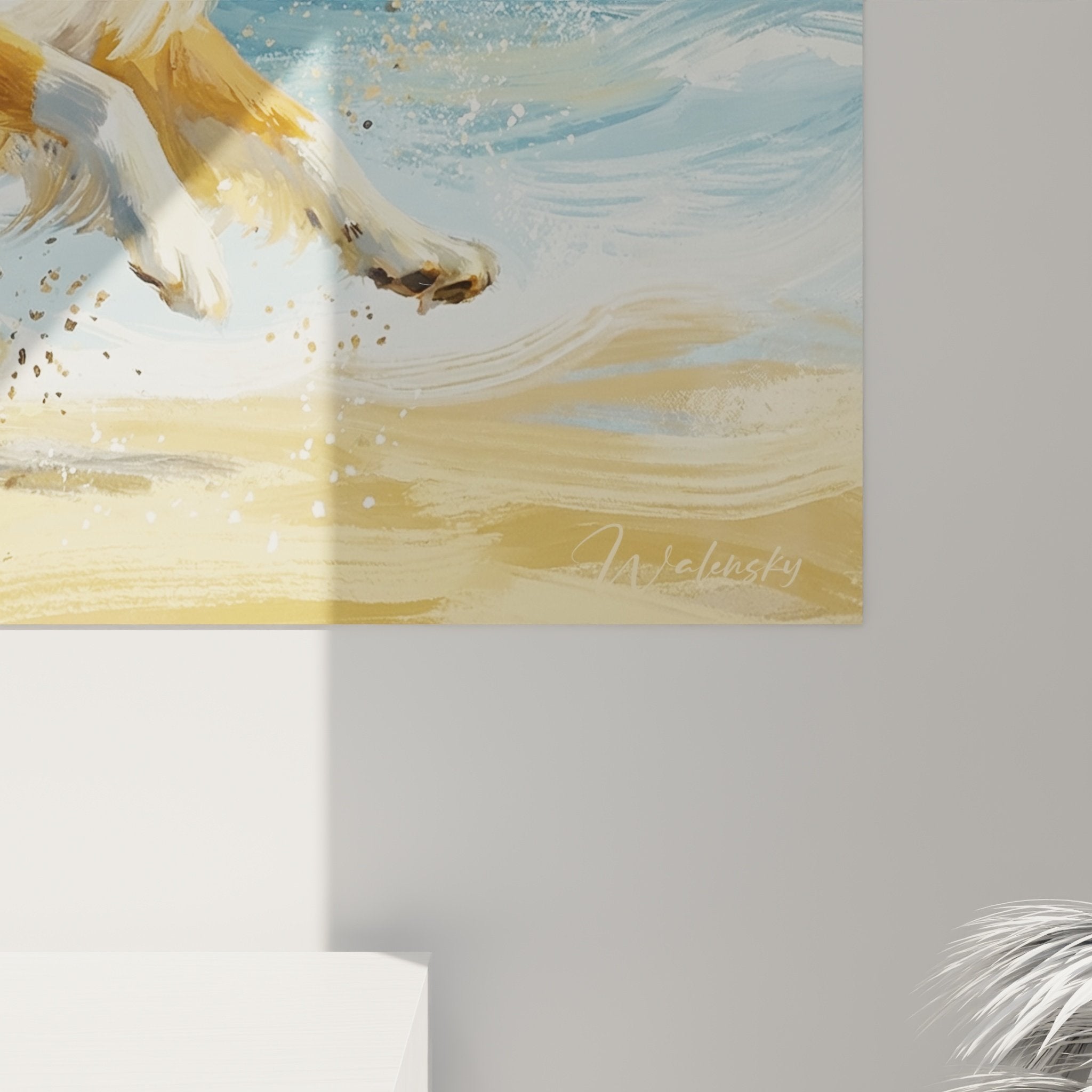Vue d'ensemble du tableau Collie sur plage dans un intérieur moderne, mise en situation décorative