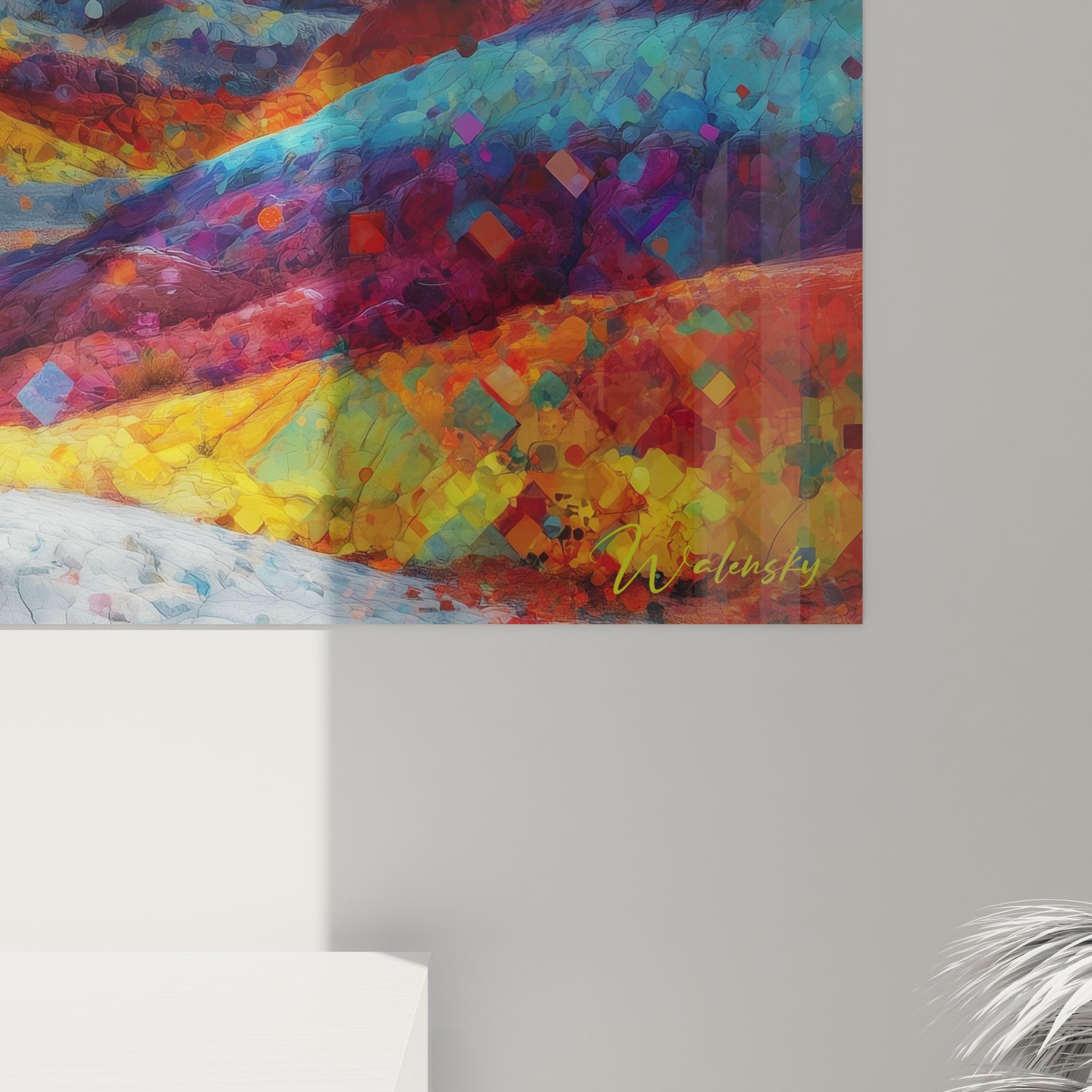 Vue d'ensemble tableau contemporain paysage désertique fusion art traditionnel et éléments numériques abstraits