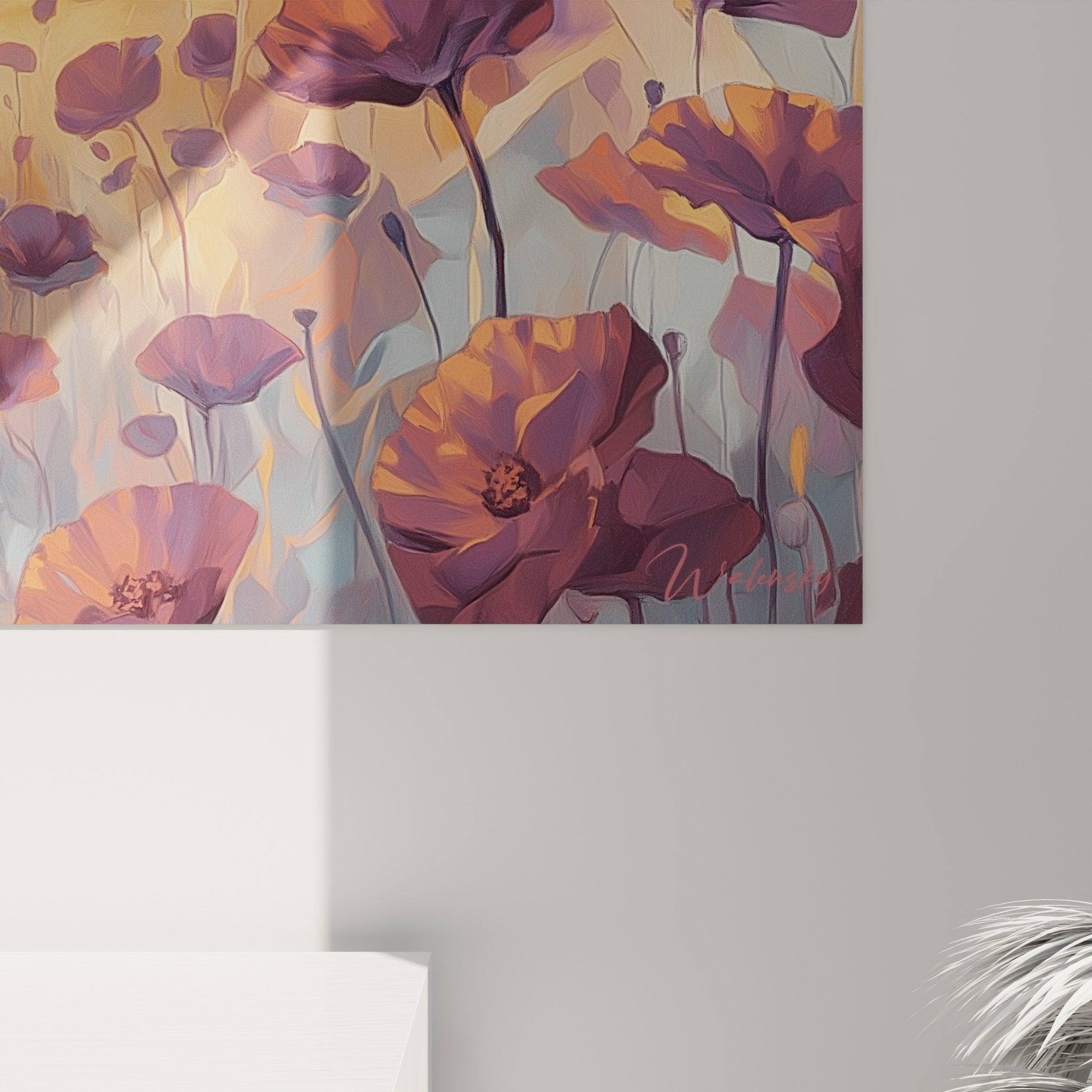 Vue ensemble tableau panoramique coquelicots orangés silhouette femme paysage floral déco intérieure