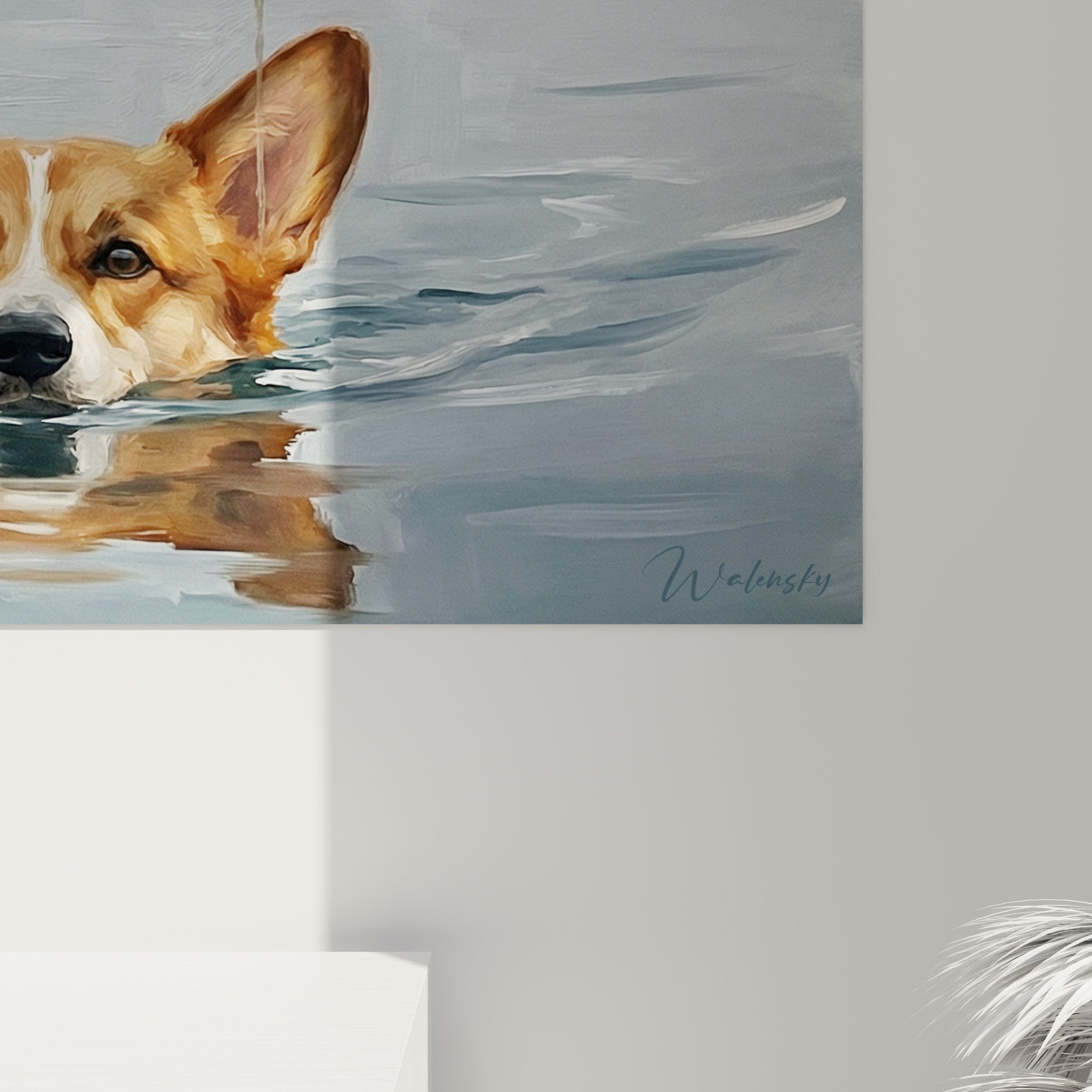 Vue d'ensemble tableau Corgi nageant, format horizontal, palette bleu-gris et ocre, scène aquatique sereine