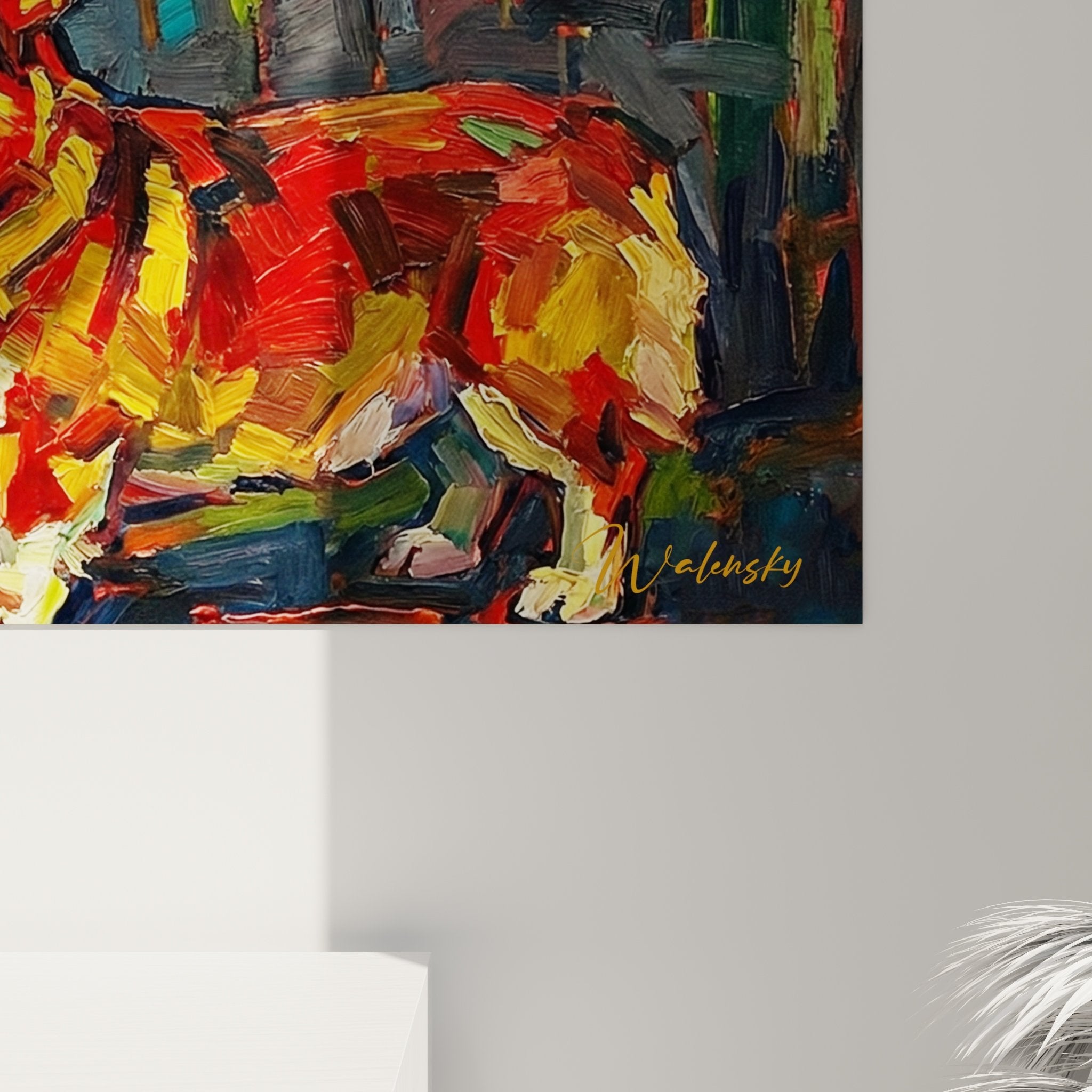 Gesamtansicht Corgi-Gemälde bunte Zaun expressionistische Wandkunst moderne Inneneinrichtung