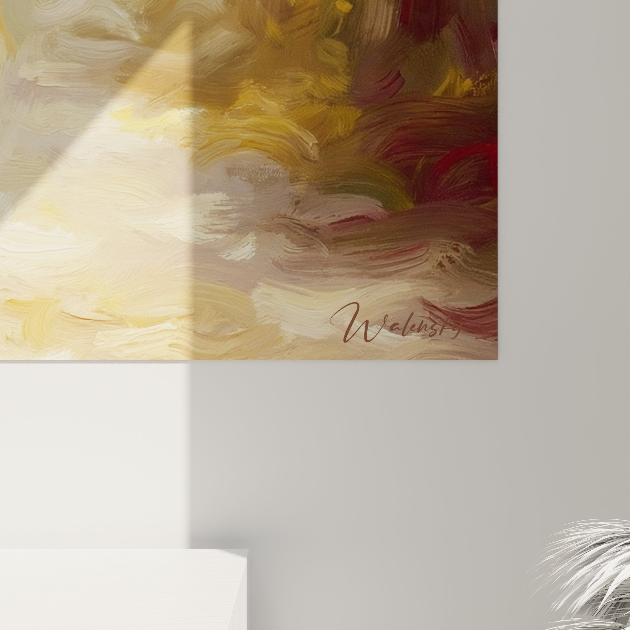 Vue ensemble tableau Corgi foret automnale tons ocre beige decoration interieur chaleureux