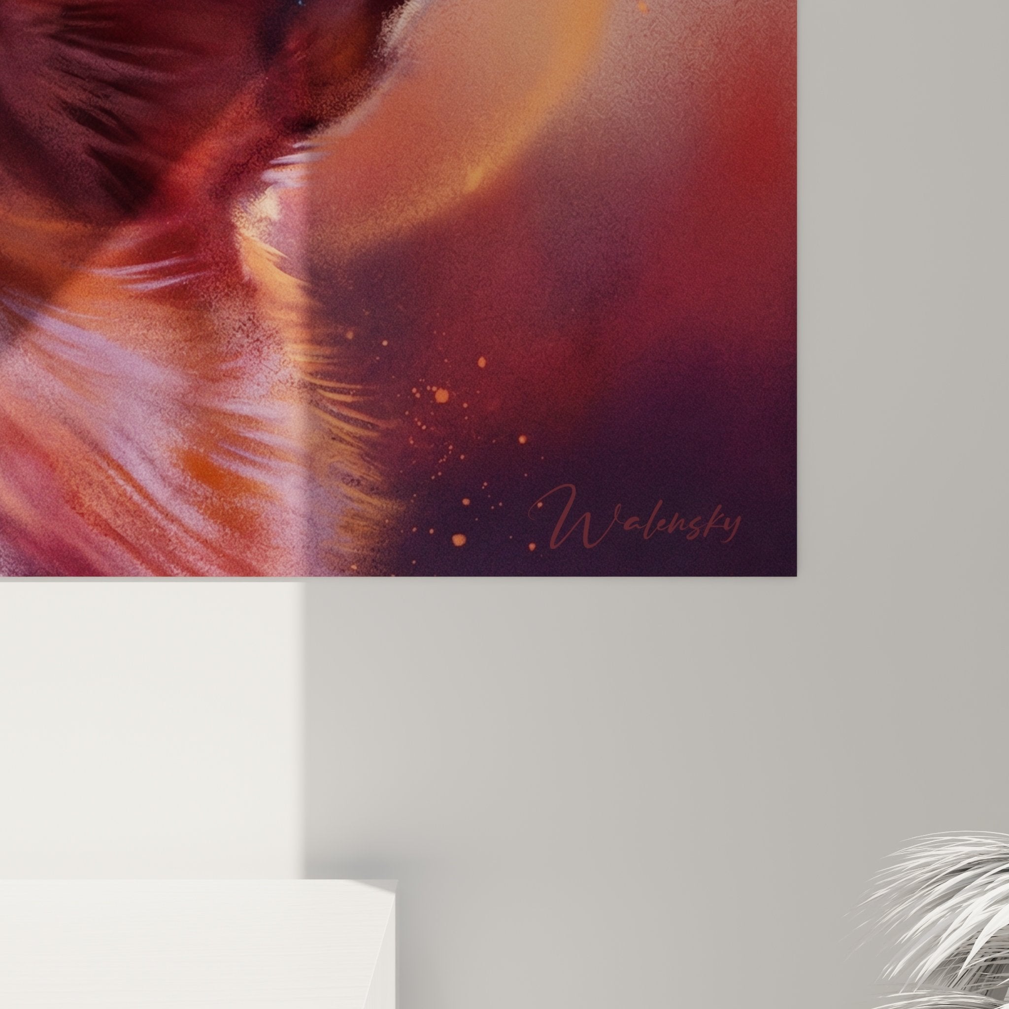 Gesamtansicht des leuchtenden Corgi Pembroke Gemäldes mit goldenem Halo-Effekt an der Wohnzimmerwand, zeitgenössische Wanddekoration