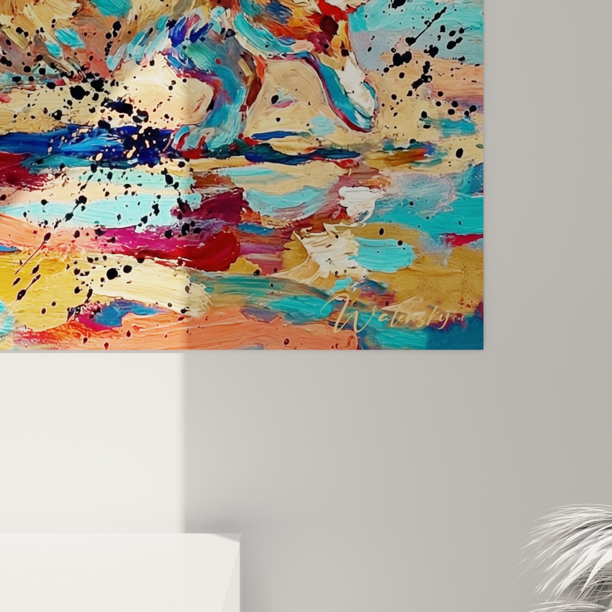 Übersicht Wandbild Corgi Pembroke - Farbenfrohe maritime Kunstwerk mit künstlerischen blauen und orangefarbenen Spritzern