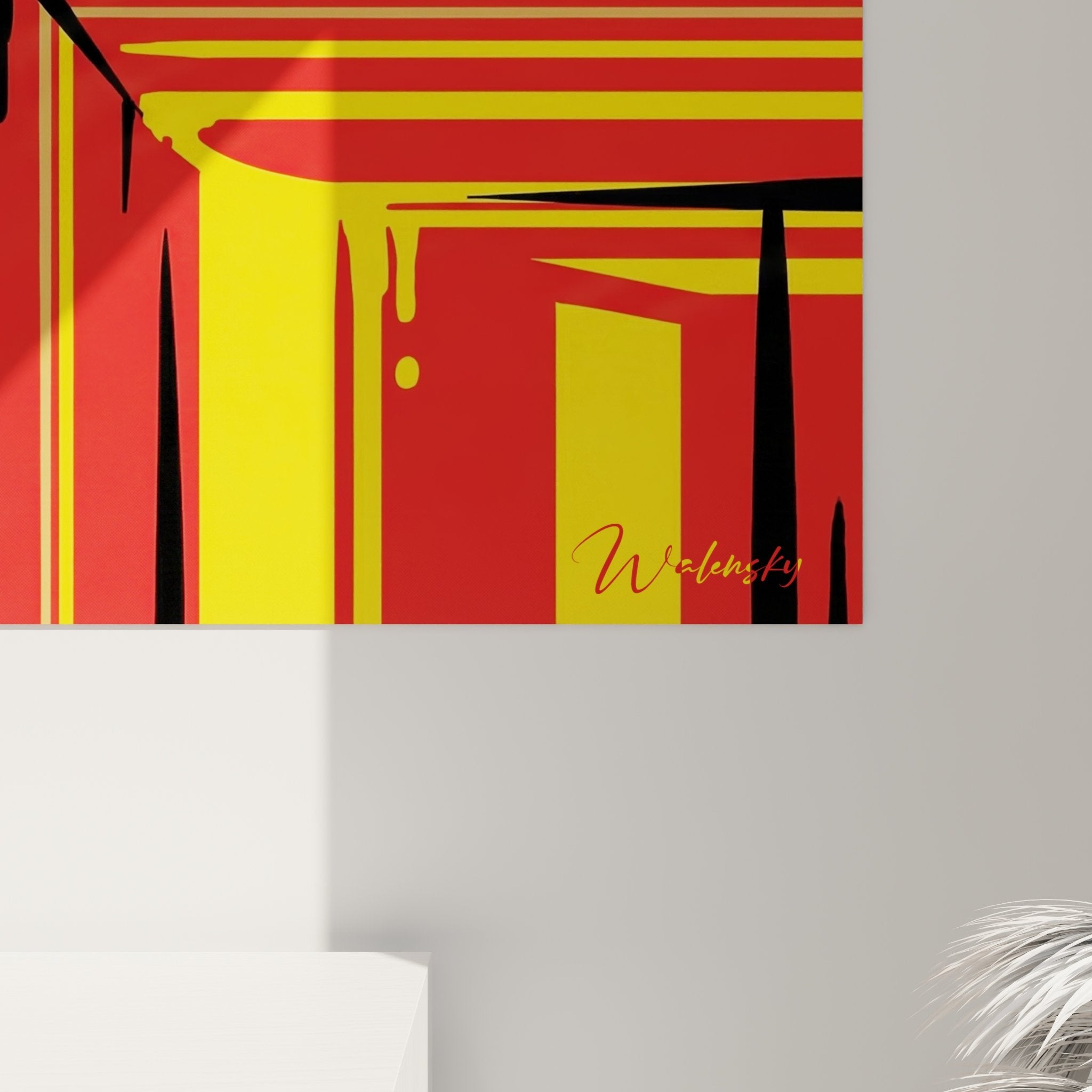 Vue d'ensemble du tableau Corgi style pop art dans décor intérieur avec palette jaune rouge dominante