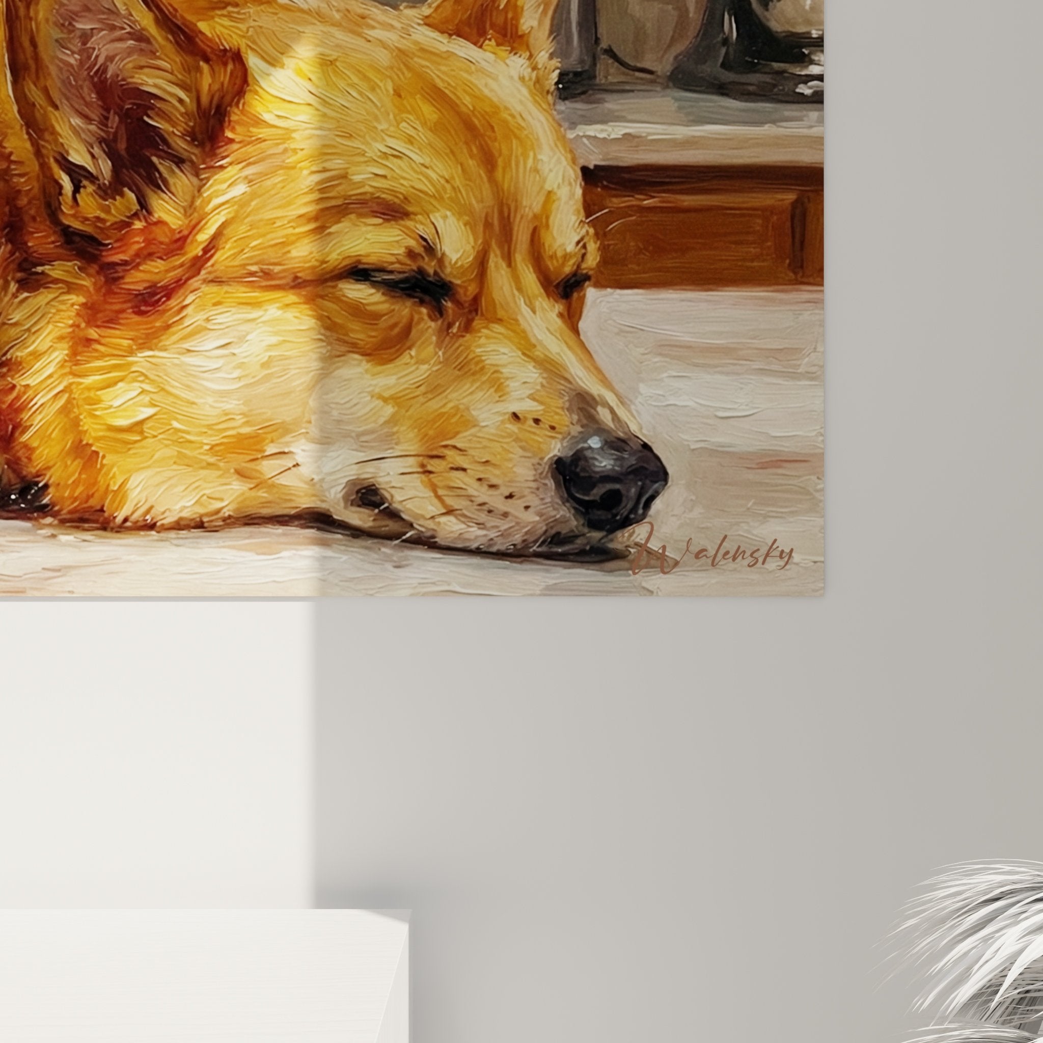 Vue d'ensemble tableau Corgi Pembroke roux dans salon chaleureux avec décoration tons naturels