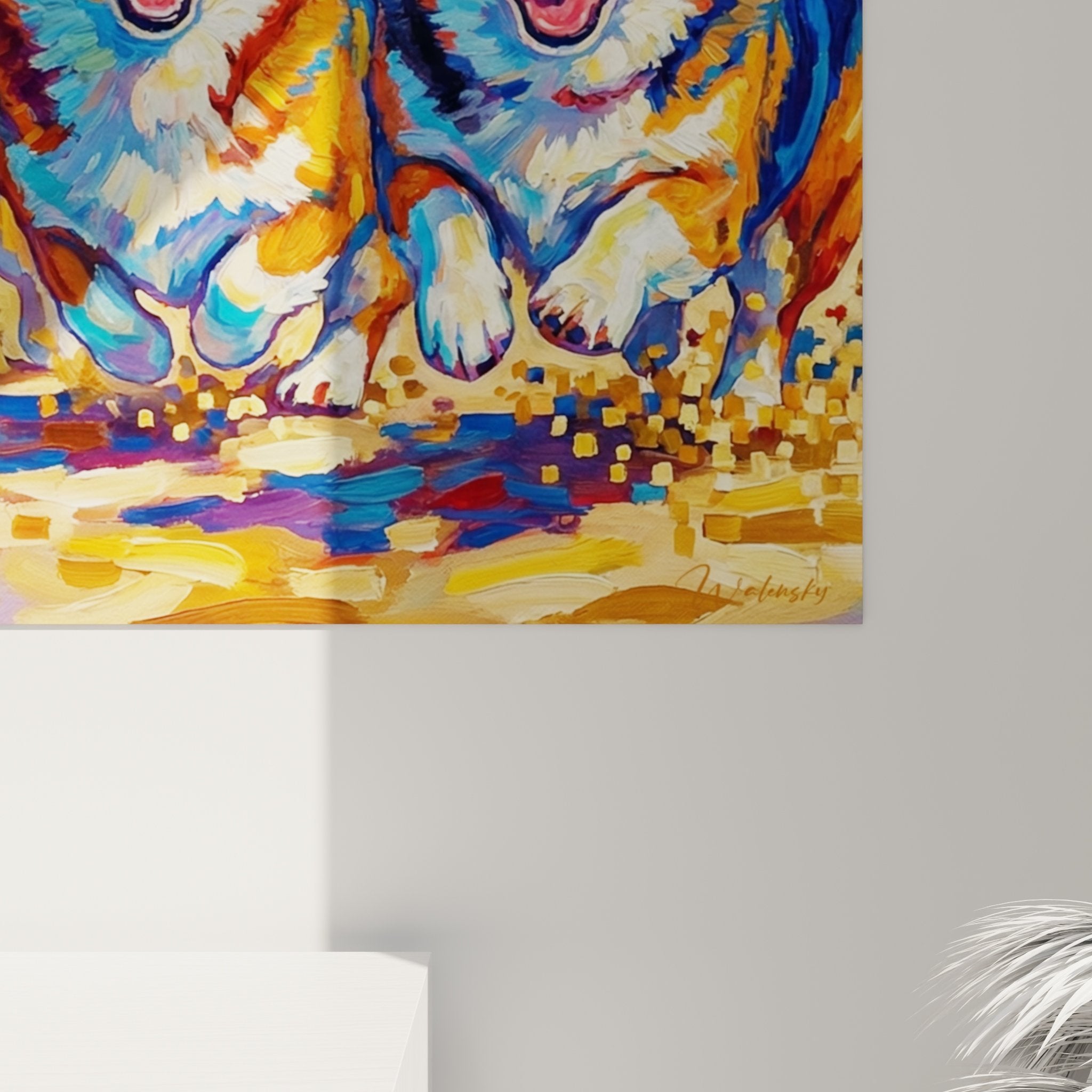 Vue d'ensemble du tableau Corgis dans les vagues montrant les couleurs vives et la technique picturale