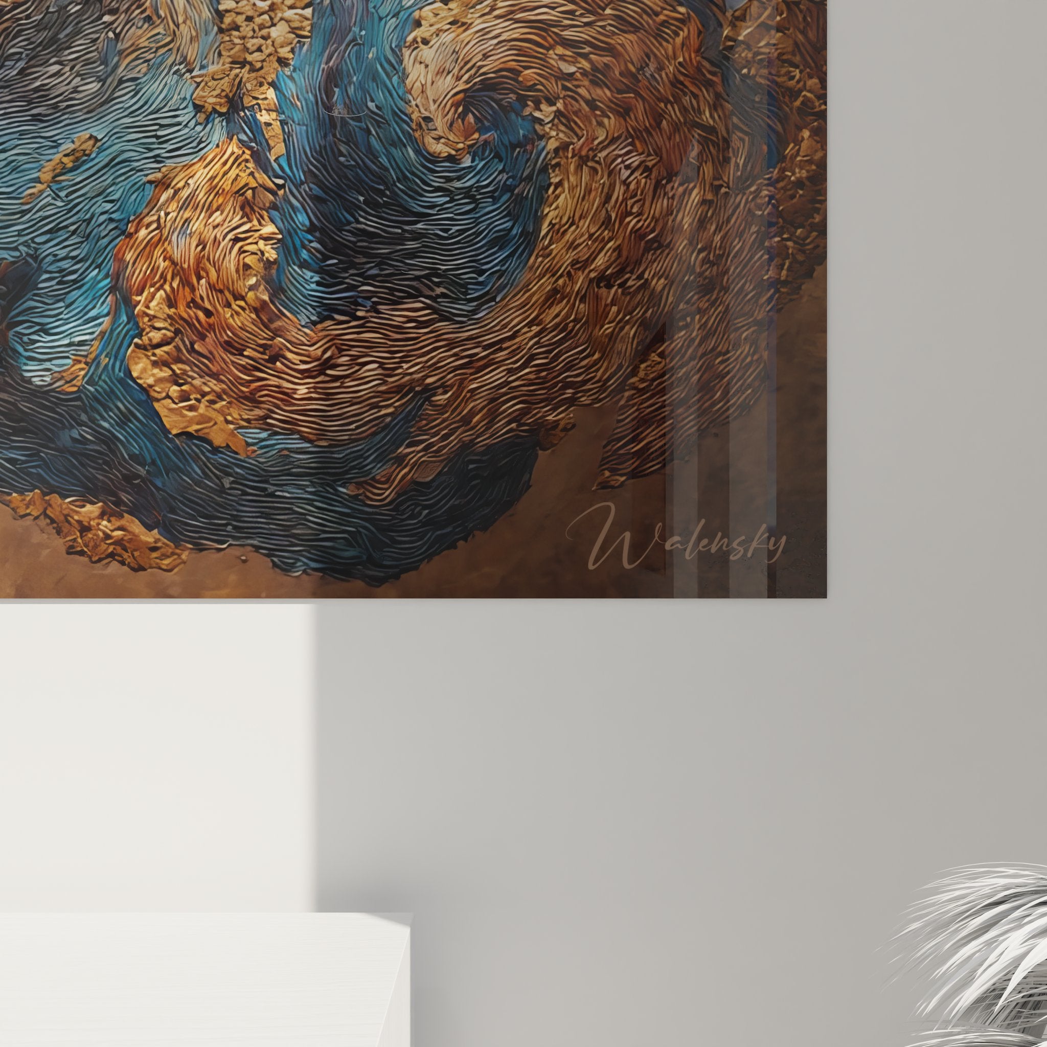 Vue ensemble tableau mural cosmique spirales abstraites dorées bleues art moderne décoration intérieure