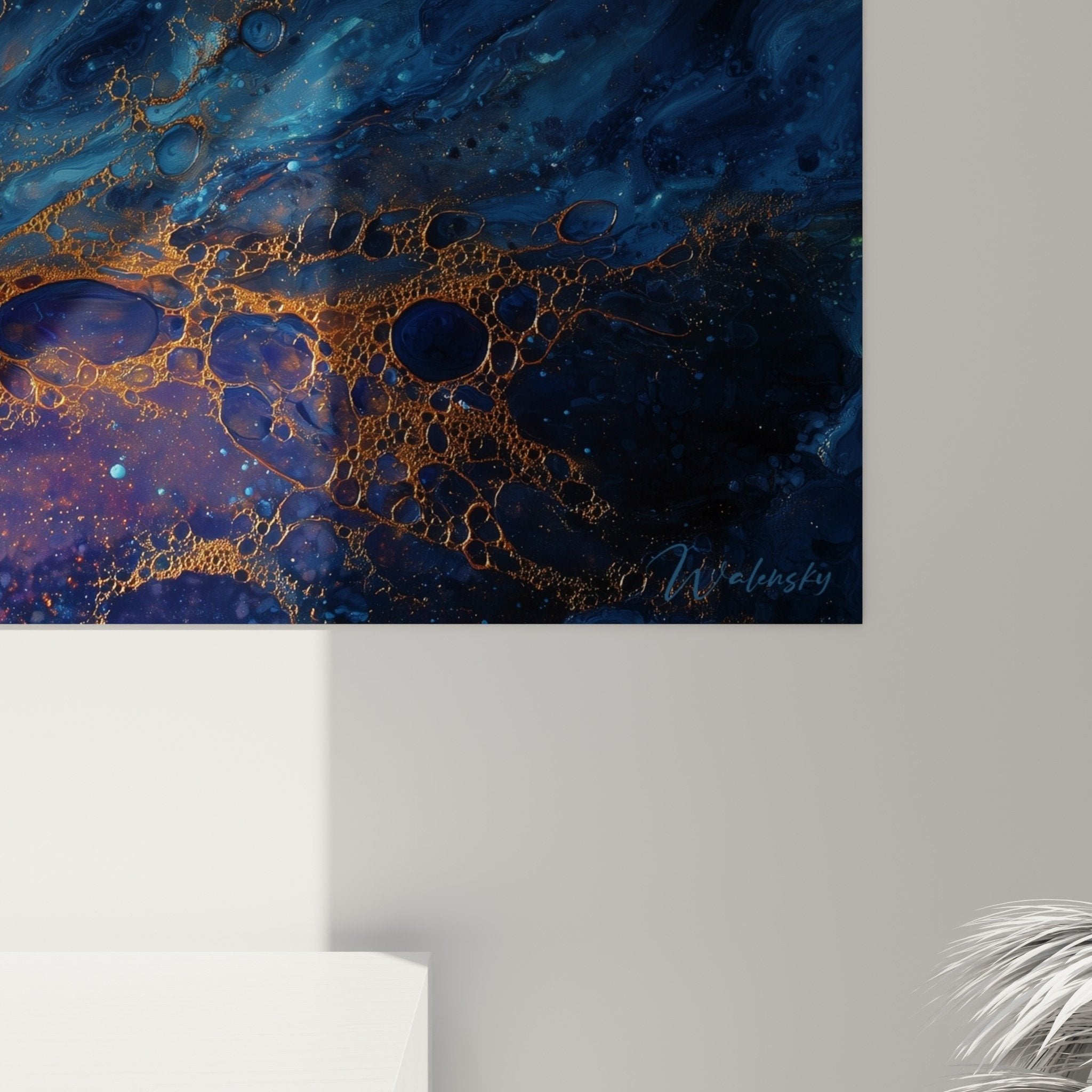 overview cosmic wall art golden and blue stellar explosion panoramic format