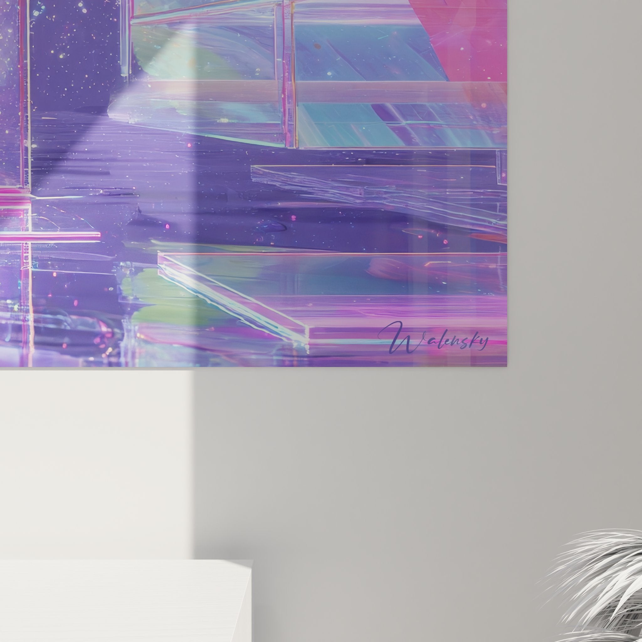 Vue ensemble tableau architecture holographique cosmos digital violet futurisme abstrait décoration murale