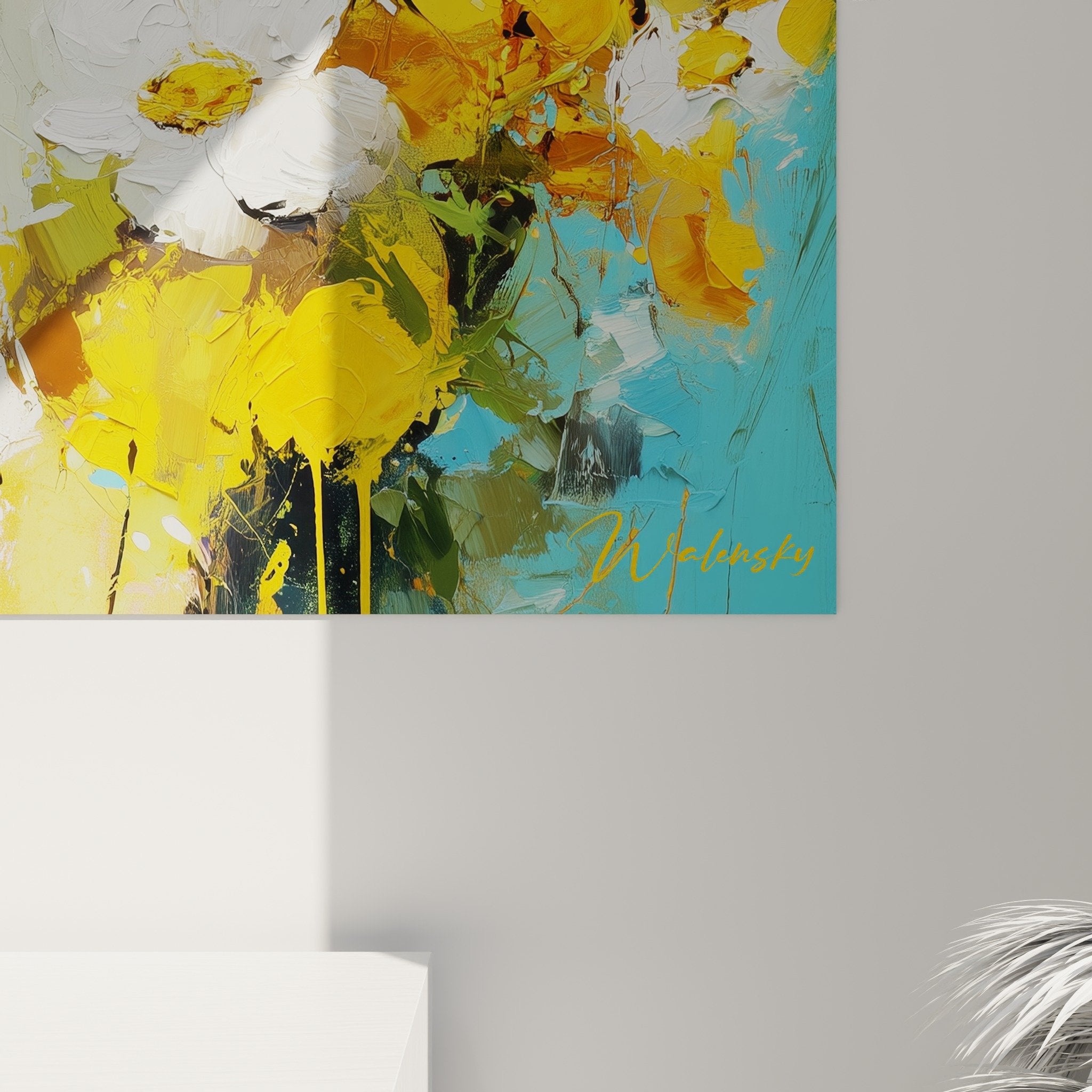 Vue d'ensemble du tableau Coton de Tuléar dans un salon contemporain aux couleurs harmonieuses