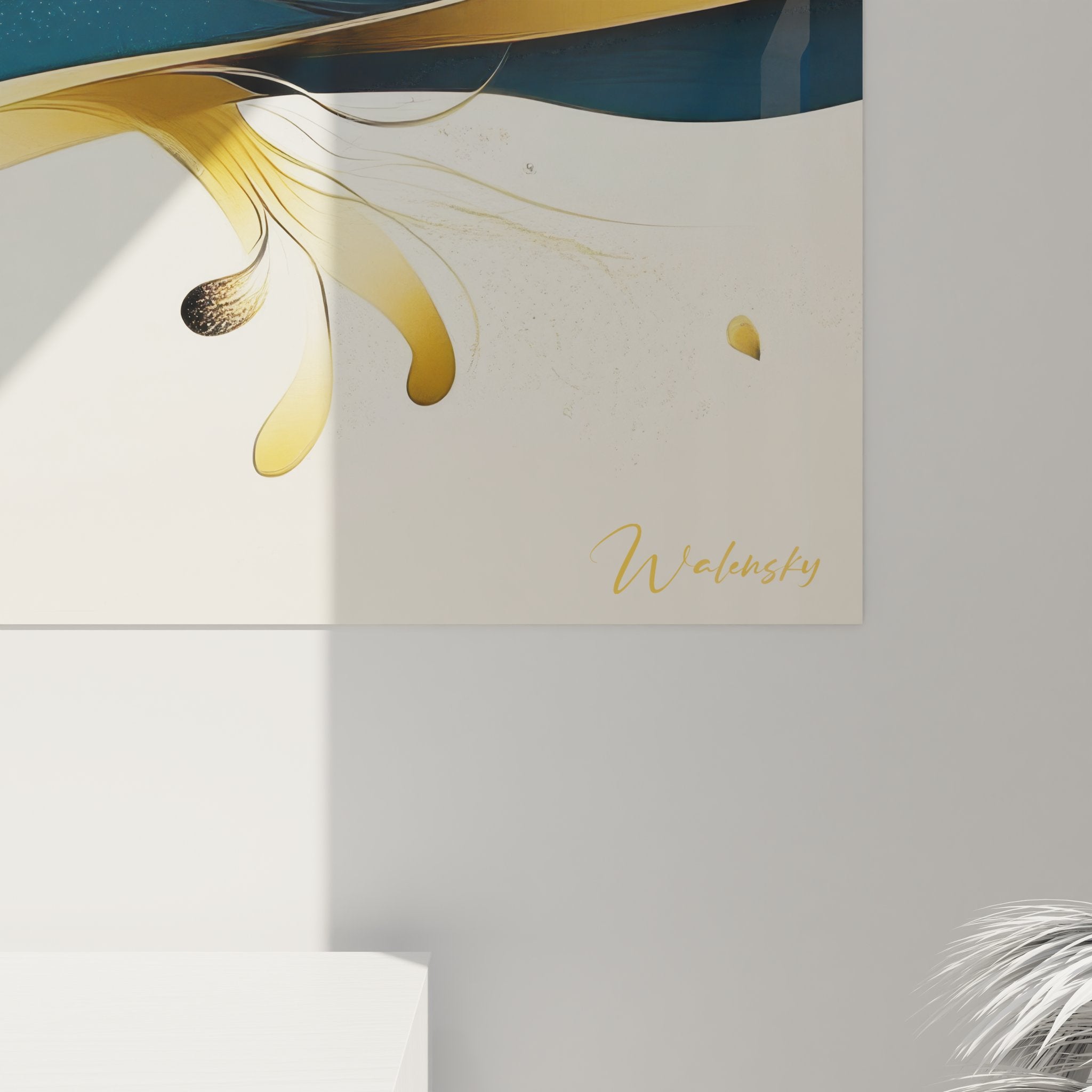 Vue d'ensemble tableau couple abstrait mural, composition complète aux couleurs harmonieuses or et bleu