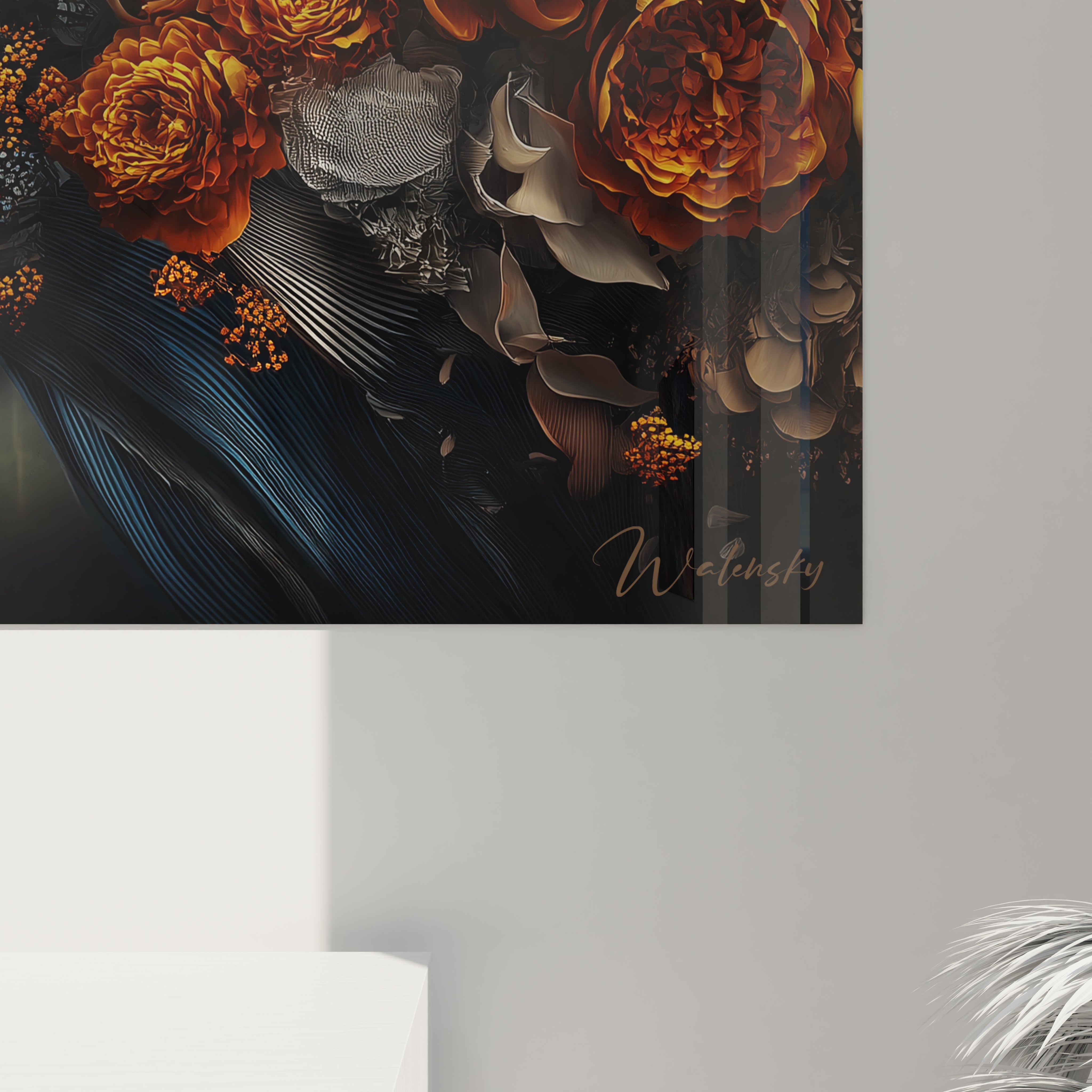 Vue ensemble tableau crâne baleine floral - œuvre art mural contemporain design pour décoration intérieure