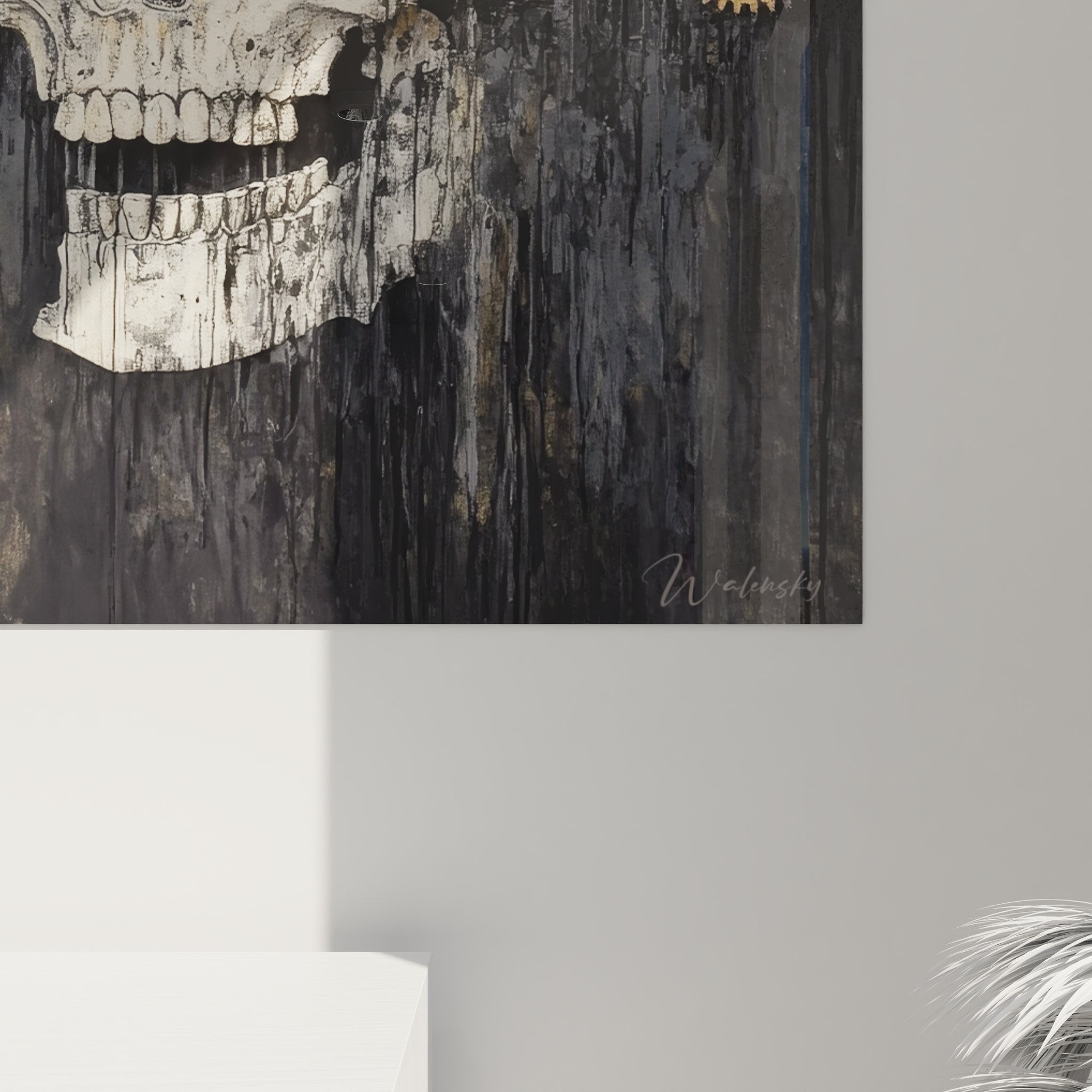 Vue ensemble tableau crâne steampunk complet avec rouages mécaniques dorés art mural industriel