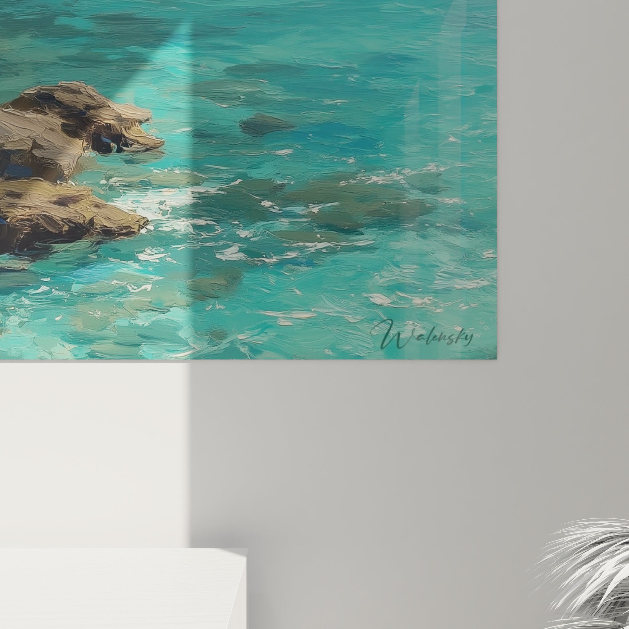 Vue ensemble tableau crique tropicale décoration murale plage salon moderne art maritime eaux bleues