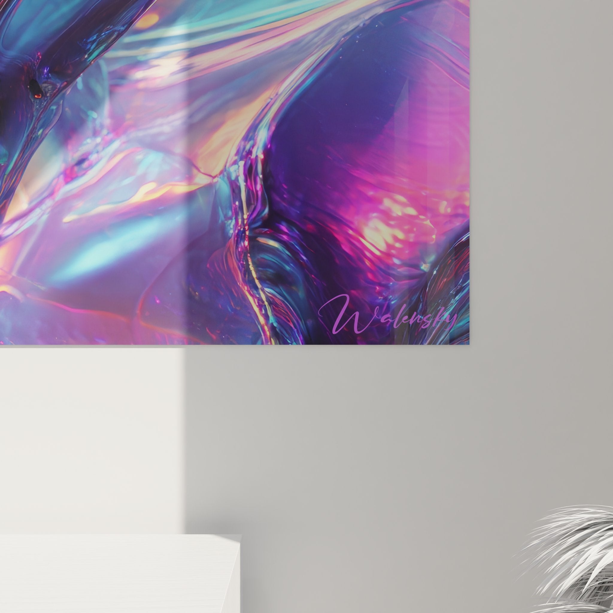 Vue ensemble tableau mural formes cristallines futuristes art abstrait contemporain irisé