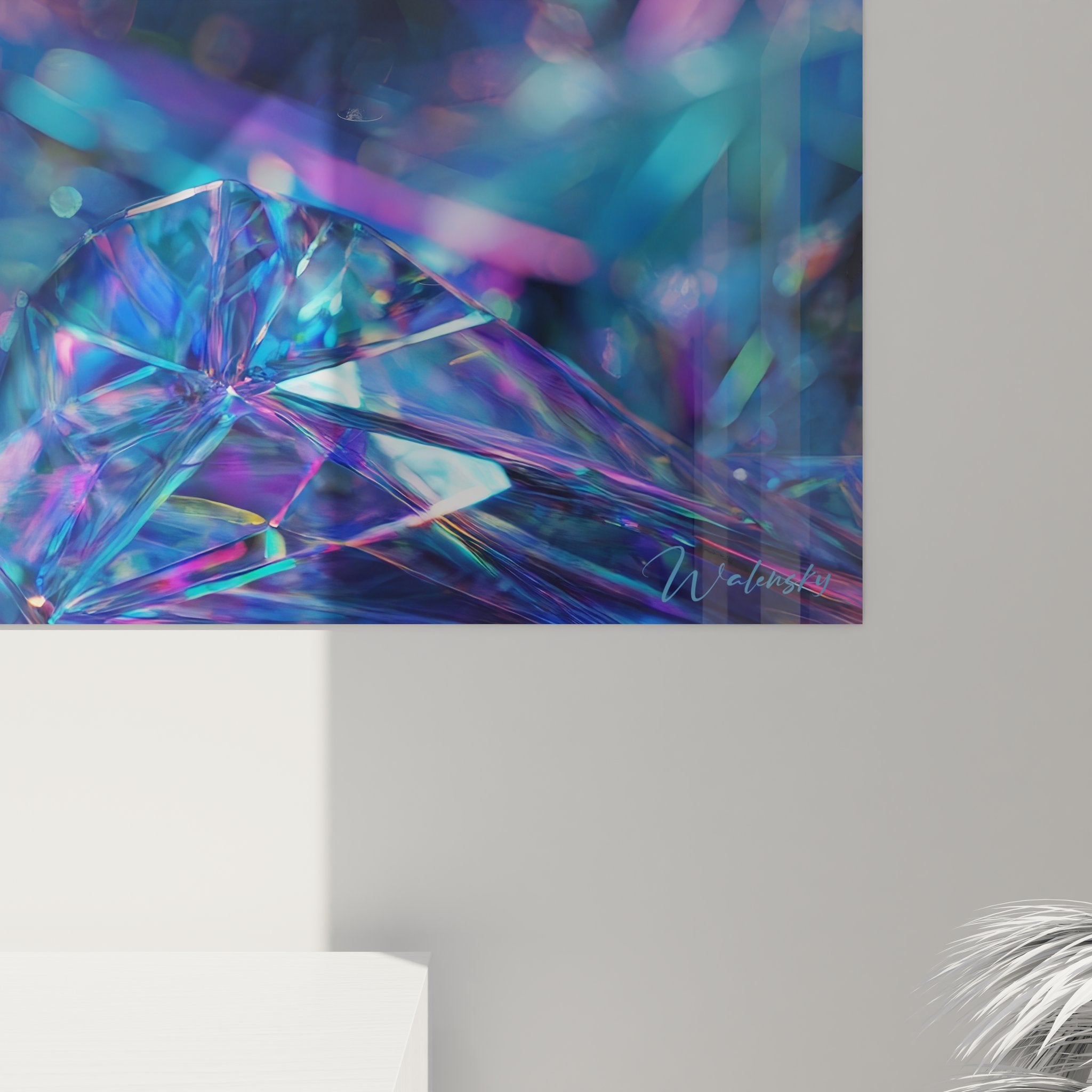 Vue ensemble tableau mural cristaux futuristes - composition abstraite prismatique complète