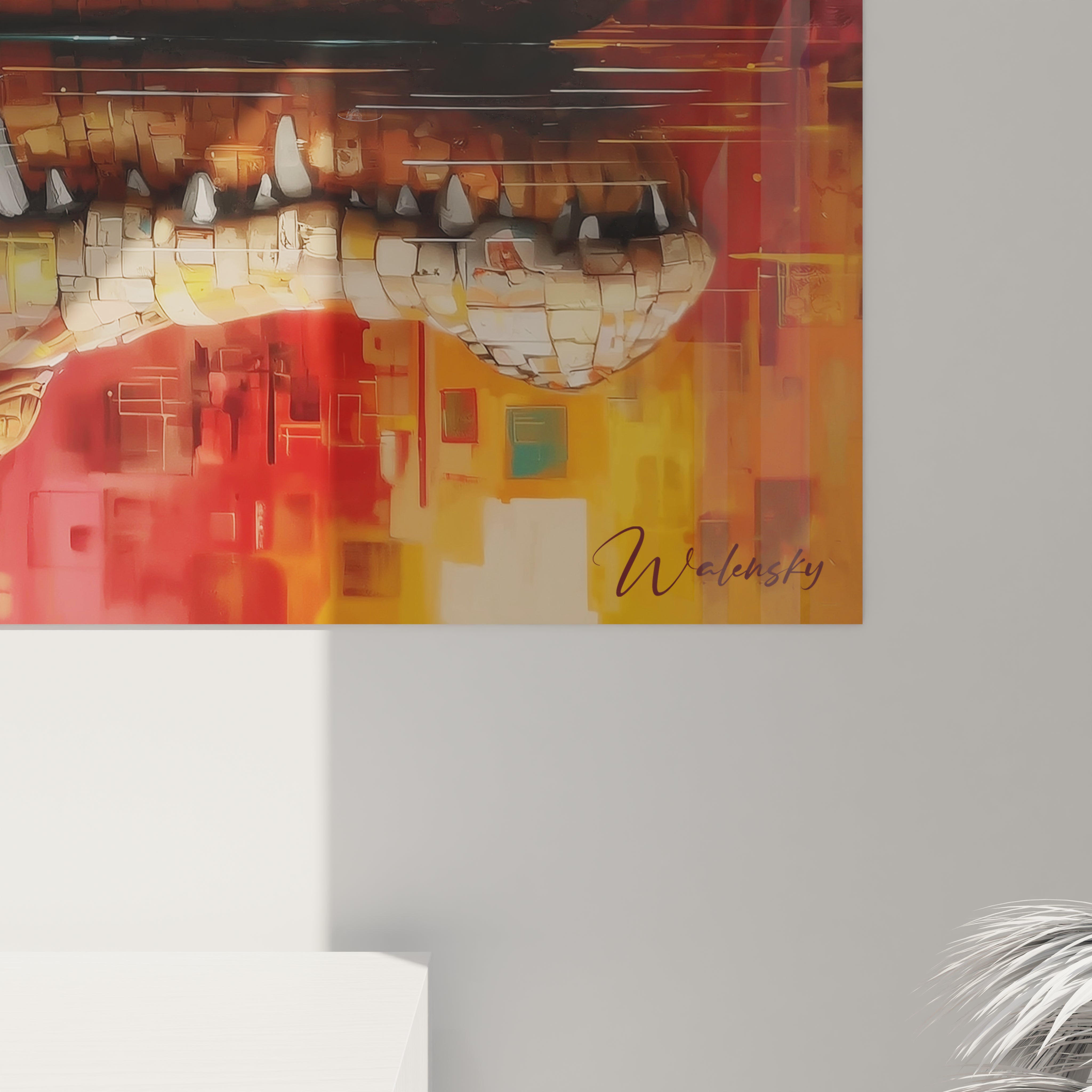 Vue ensemble tableau crocodile reflets colorés, œuvre d'art mural reptile moderne Kaprosuchus