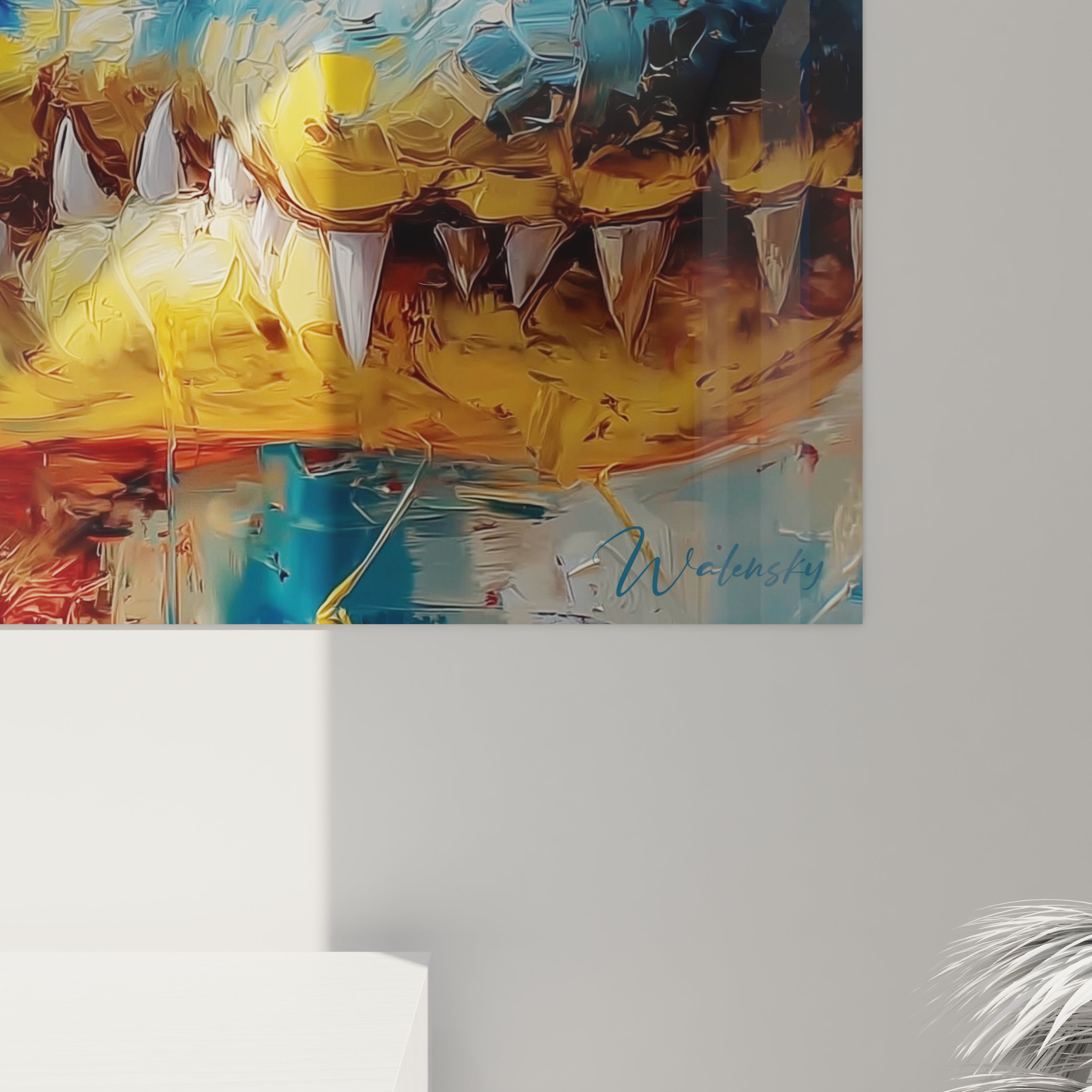 Vue ensemble tableau mural crocodile moderne, décoration intérieure contemporaine Kaprosuchus