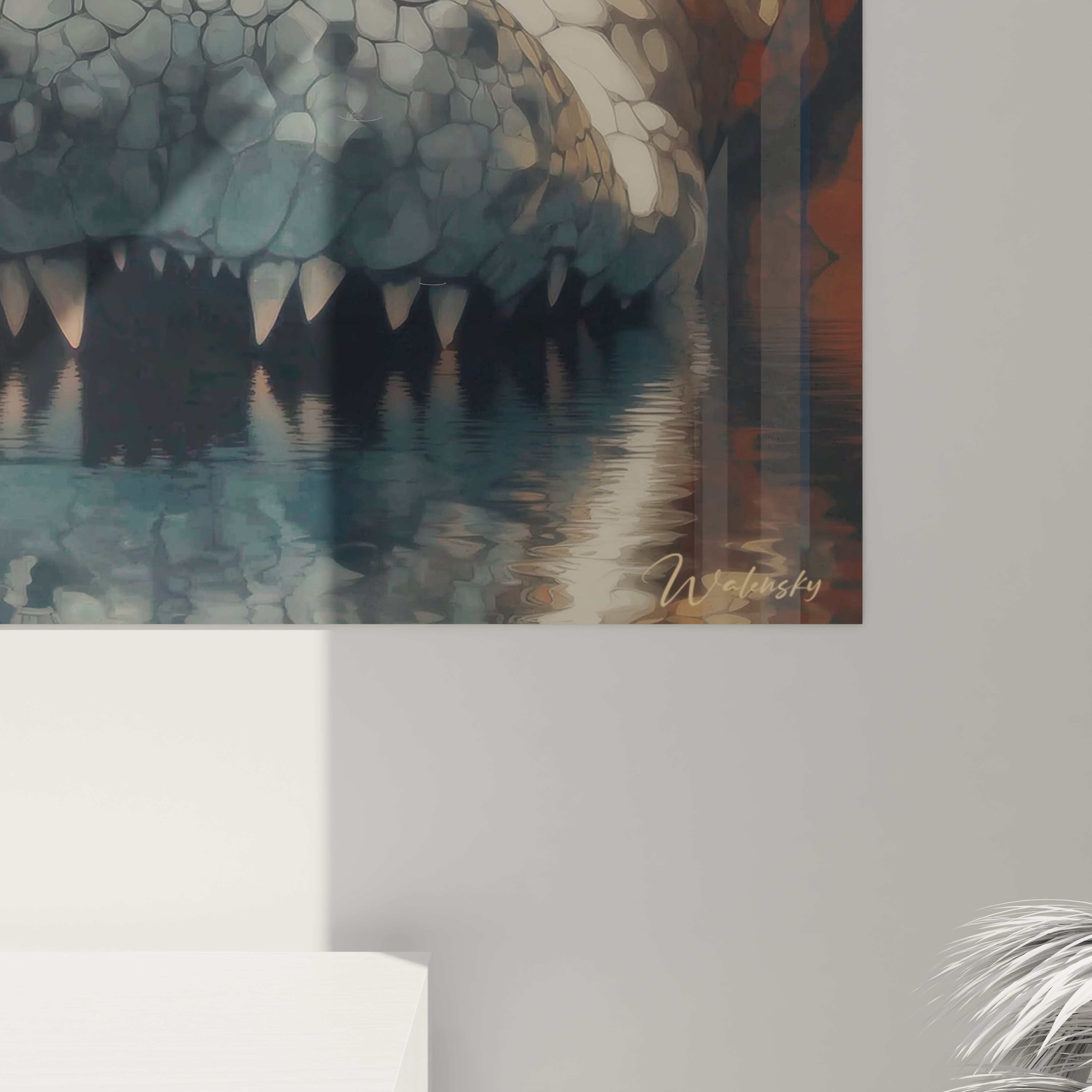 Vue d'ensemble du tableau décoratif crocodile ancien avec ses nuances terrestres