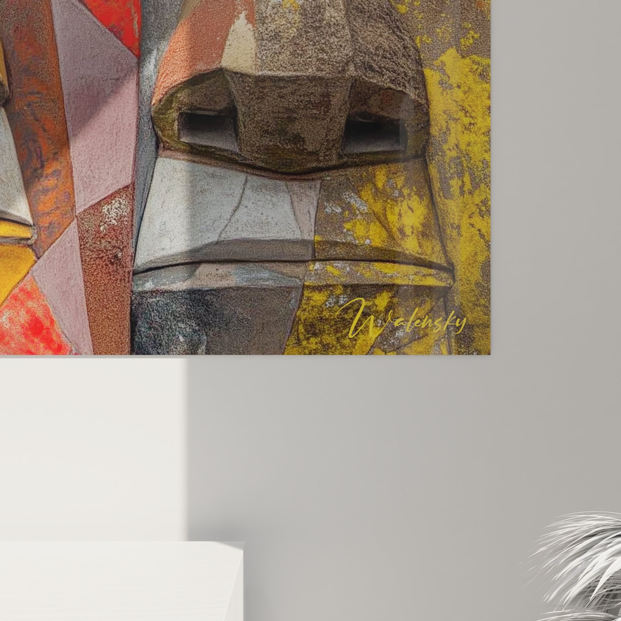 Vue ensemble tableau mural cubiste triptyque visages abstraits décoration moderne contemporaine