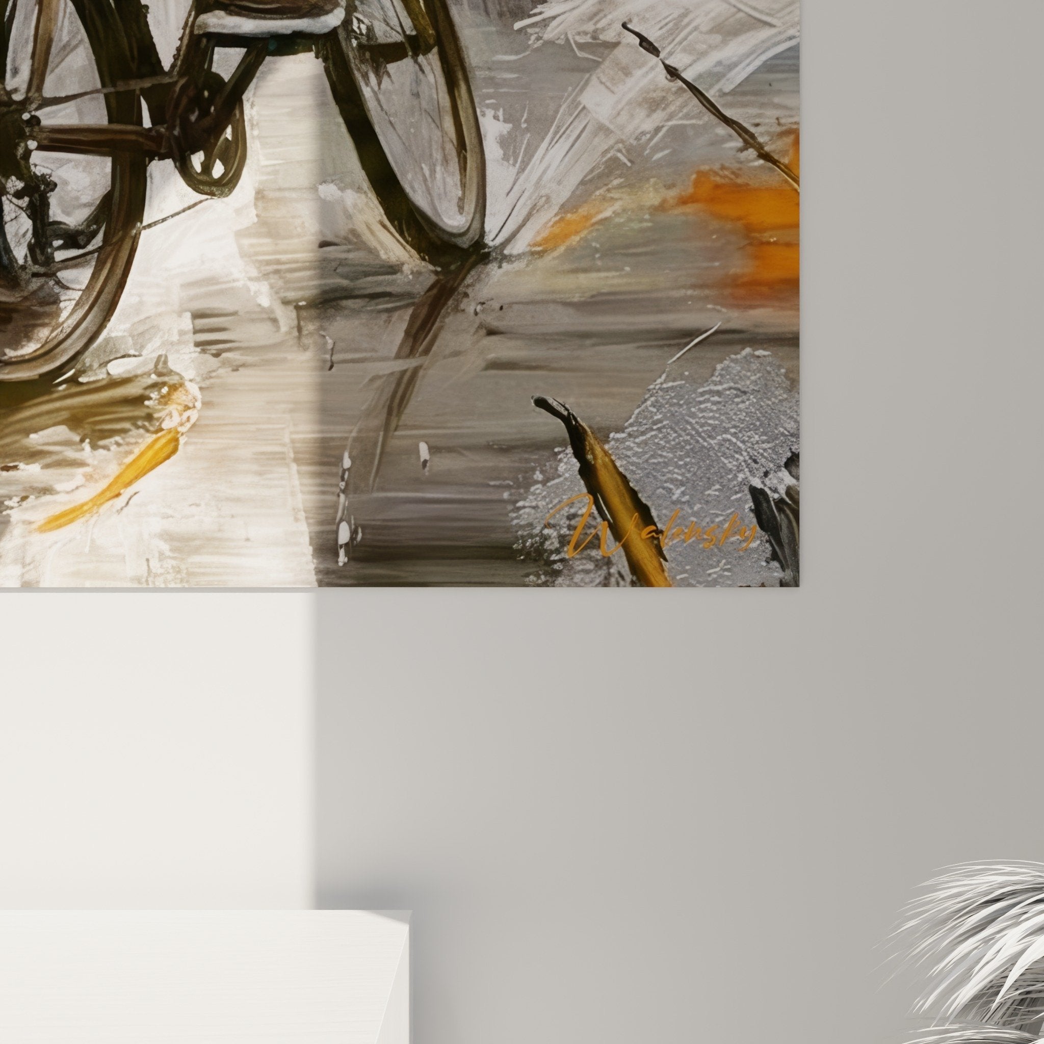 Full view cyclist wall art Brooklyn bridge urban art bright orange blue splashes modern decor