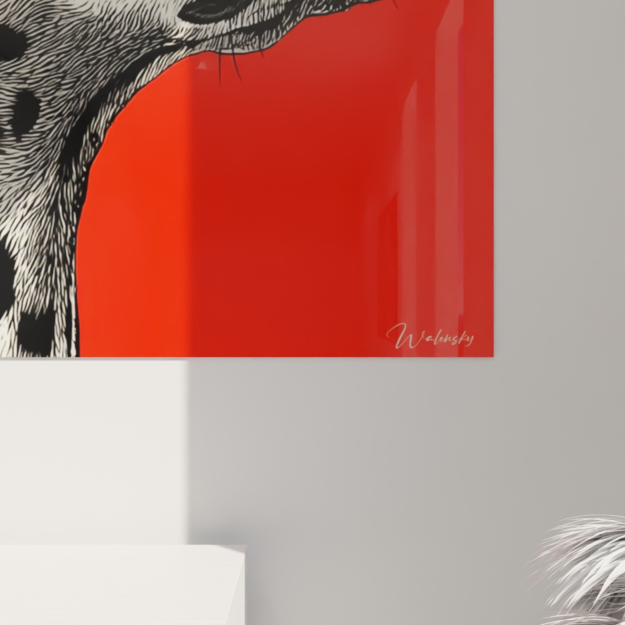 Overview of red Dalmatian canvas in modern interior, canine wall art, elegant contemporary decoration