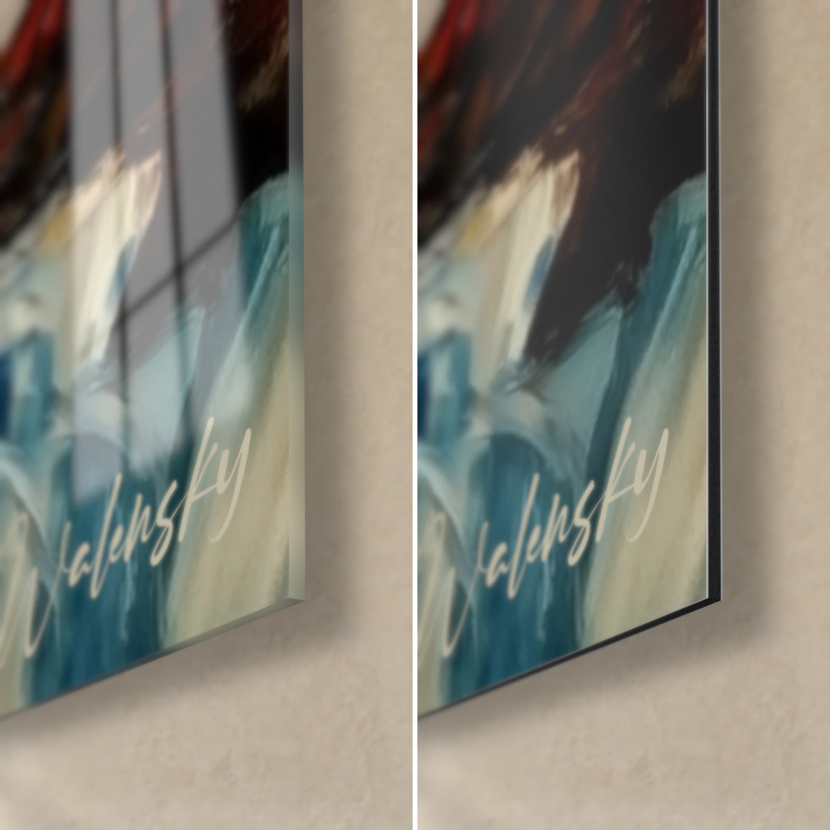 Wall art waterfall in thick impasto paint, lower right corner: reflections on glossy glass, matte black Dibond and 3 mm edge