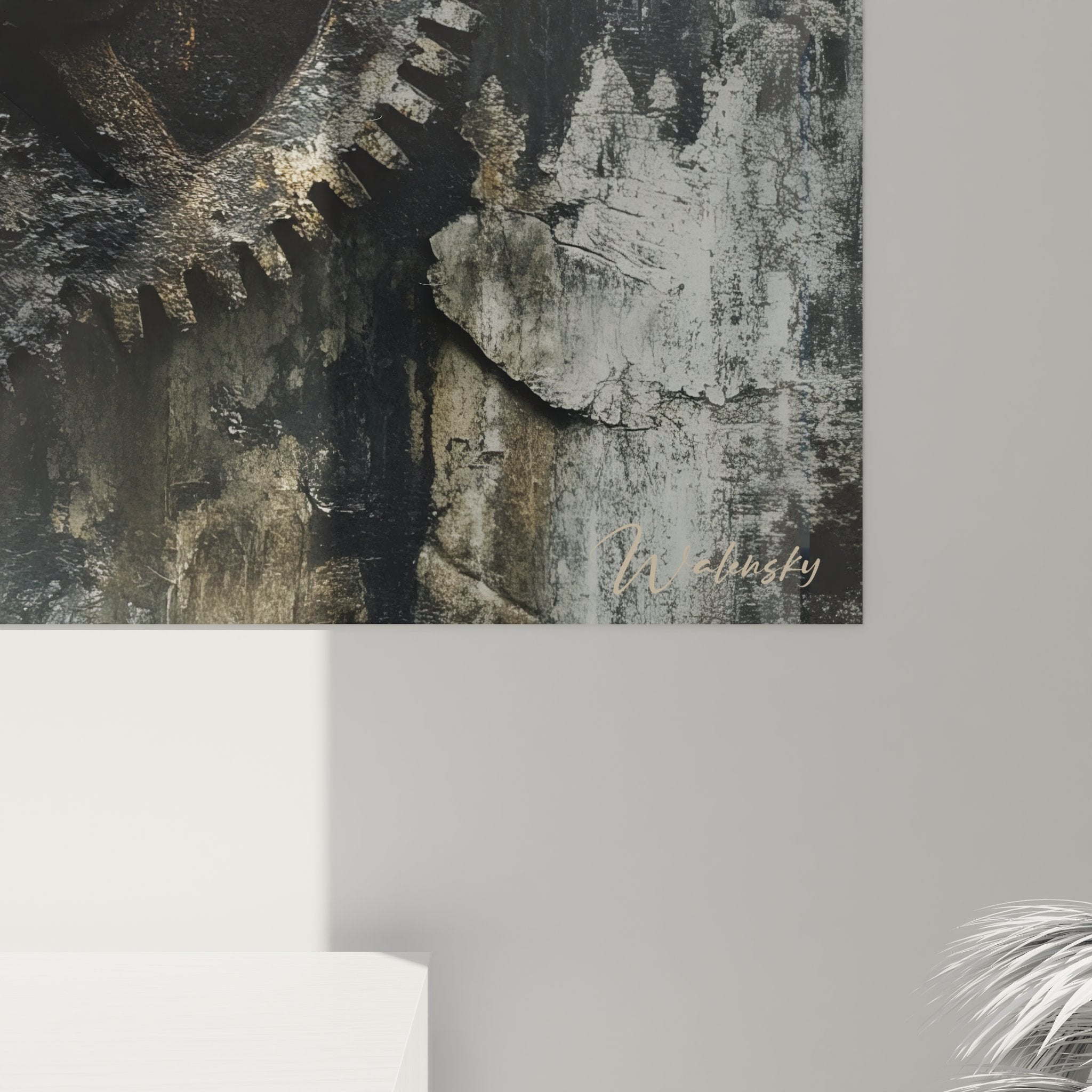 Vue d'ensemble tableau décoratif engrenages industriels intégré dans décoration murale moderne