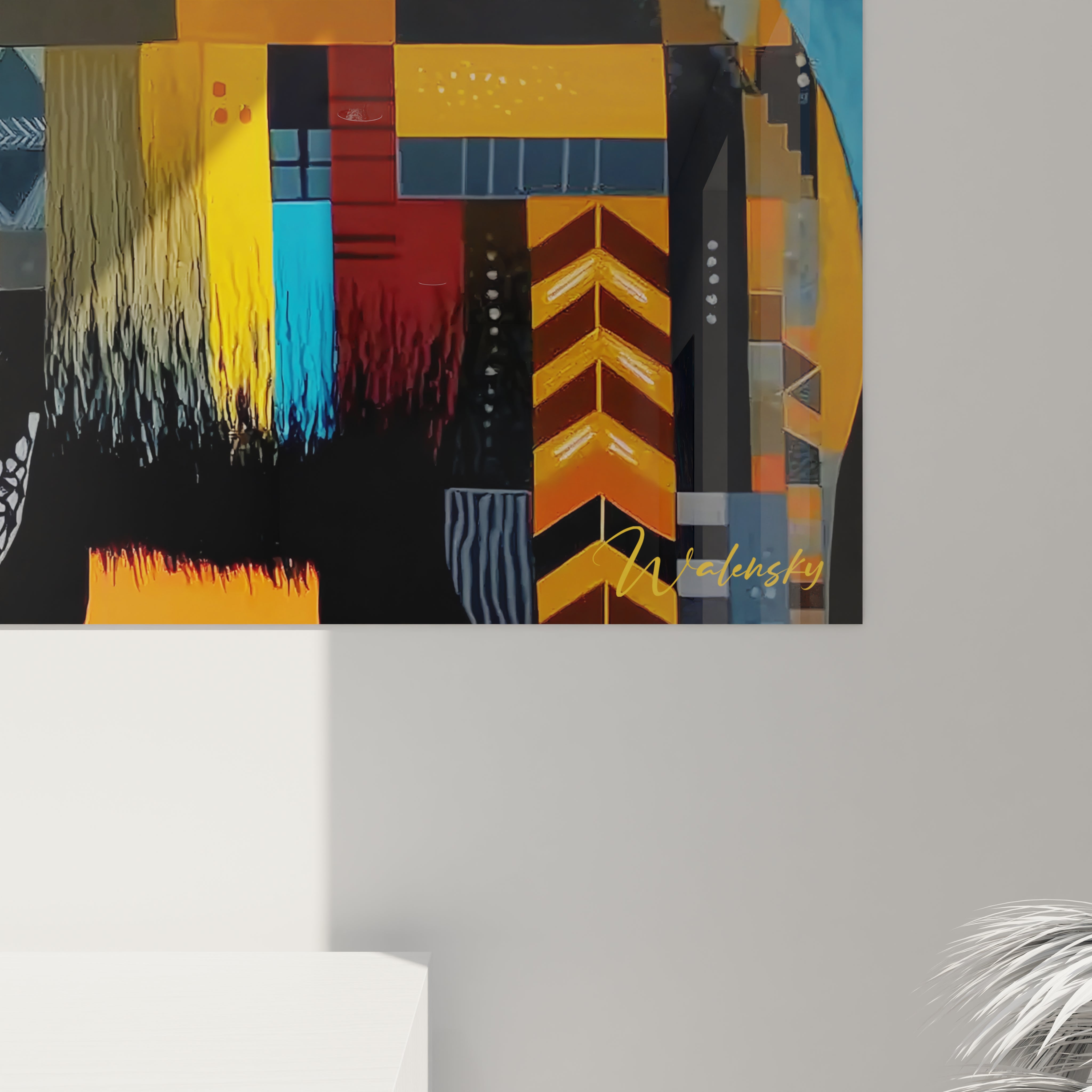 Vue d'ensemble tableau décoratif mammouth laineux aux motifs géométriques multicolores