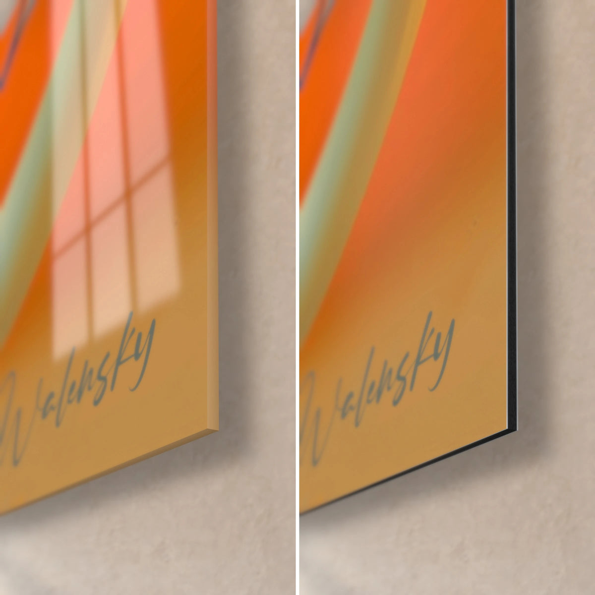 Wall art woolly mammoth, bottom right corner: Walensky signature, glossy acrylic glass on the left, matte Dibond aluminium on the right, 3 mm edge thickness