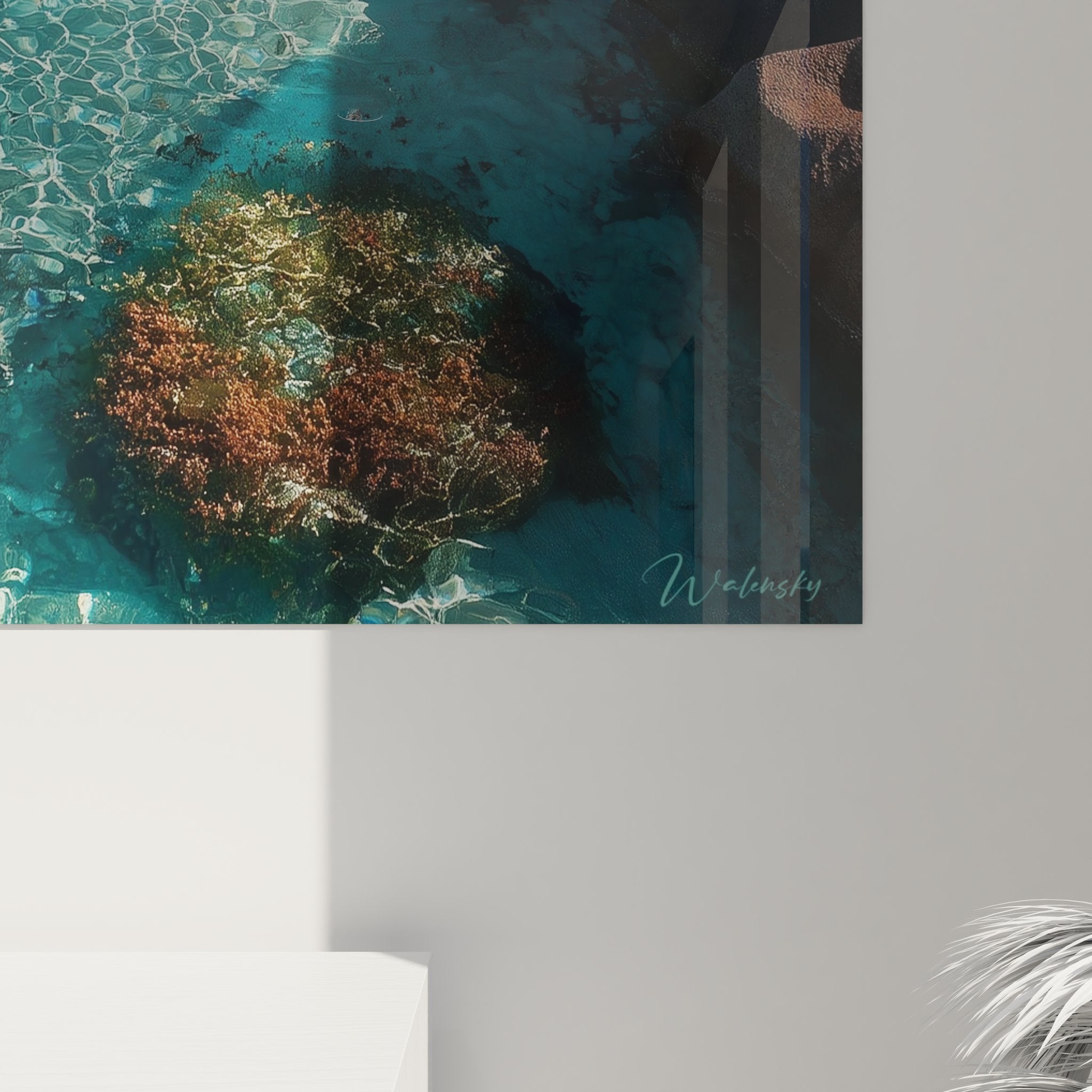 Vue d'ensemble tableau décoratif mer cristalline, œuvre marine pour salon et décoration murale moderne