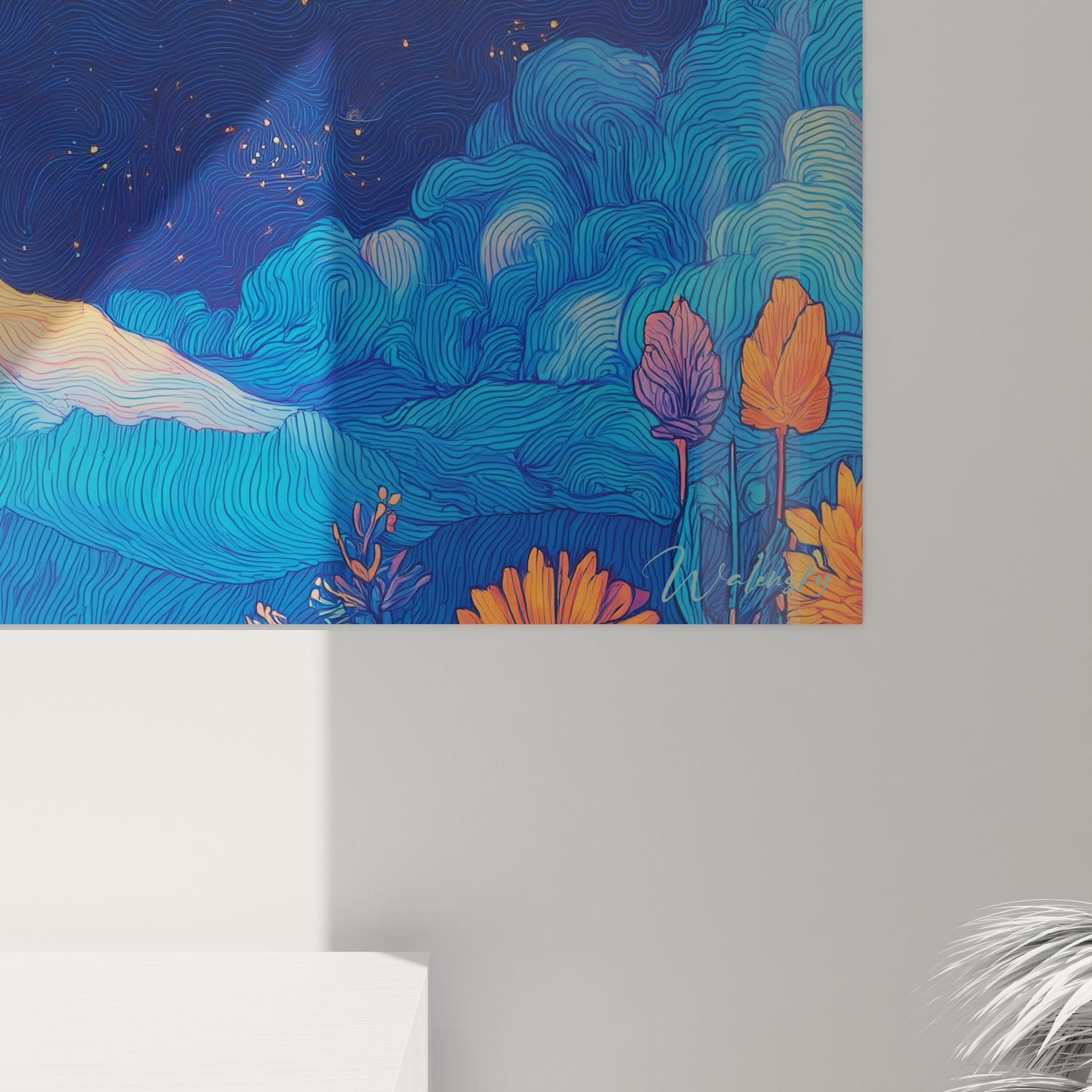 Vue d'ensemble tableau décoratif montagne stylisée avec ciel étoilé et végétation en premier plan