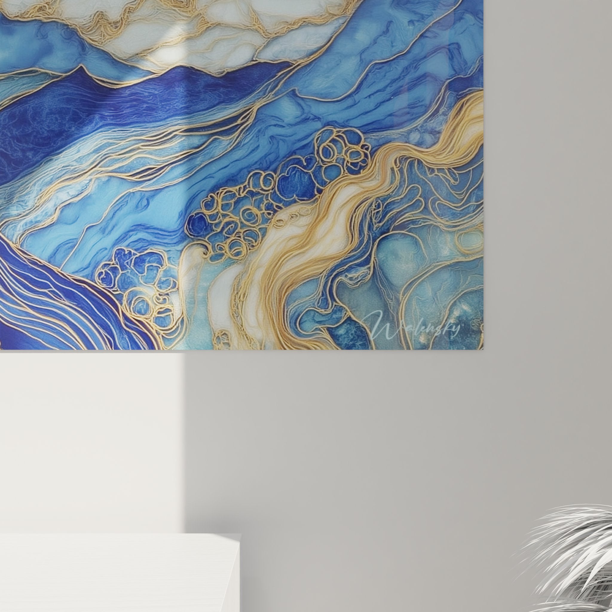 Vue ensemble tableau décoratif montagne art déco couleurs bleues dorées style contemporain élégant