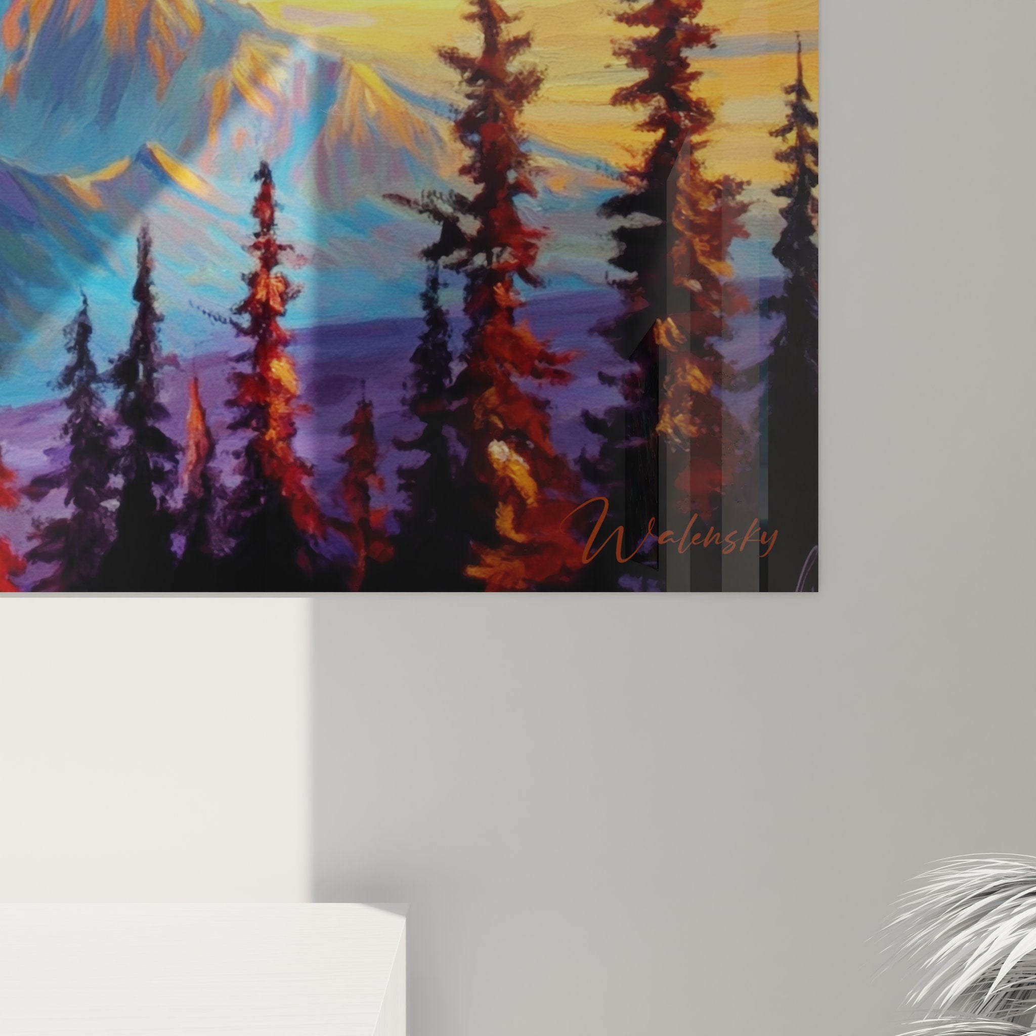 Vue ensemble tableau mural montagne décoratif, art paysage alpin avec montagnes enneigées et ciel coloré sunset