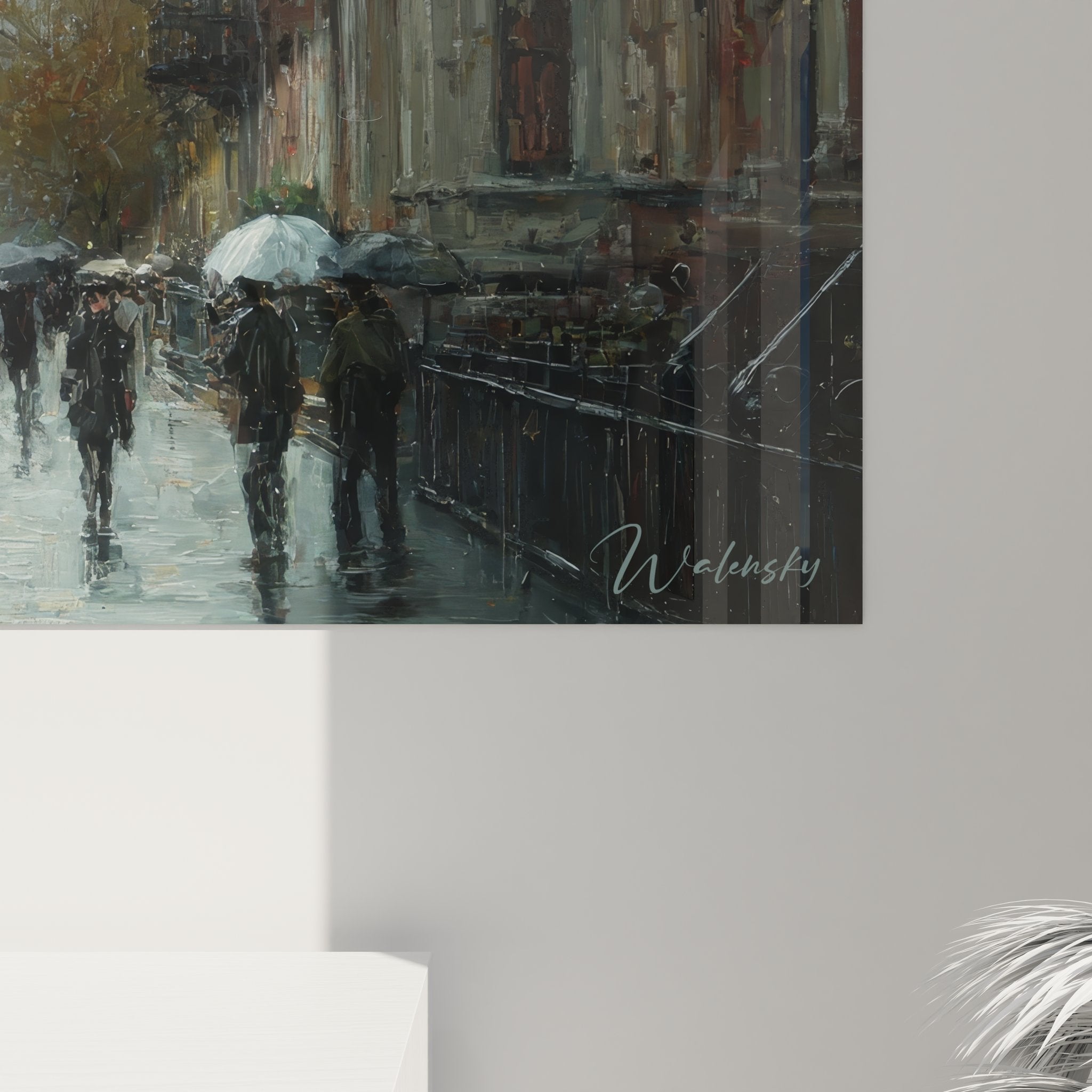 Vue ensemble tableau décoratif New York pluie avec perspective urbaine et Empire State Building