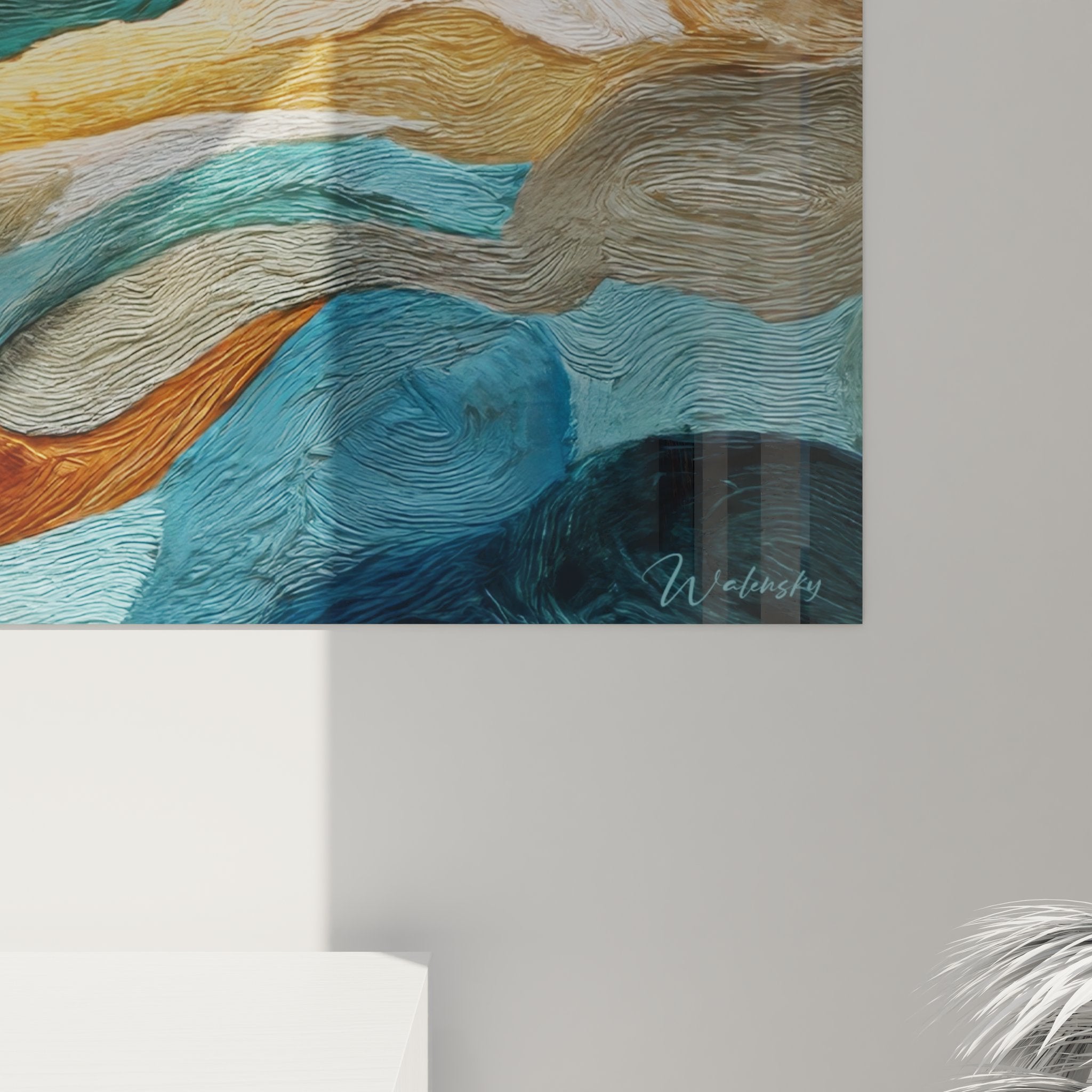 Vue ensemble tableau décoratif abstrait ondes fluides montrant composition complète dorée turquoise murale