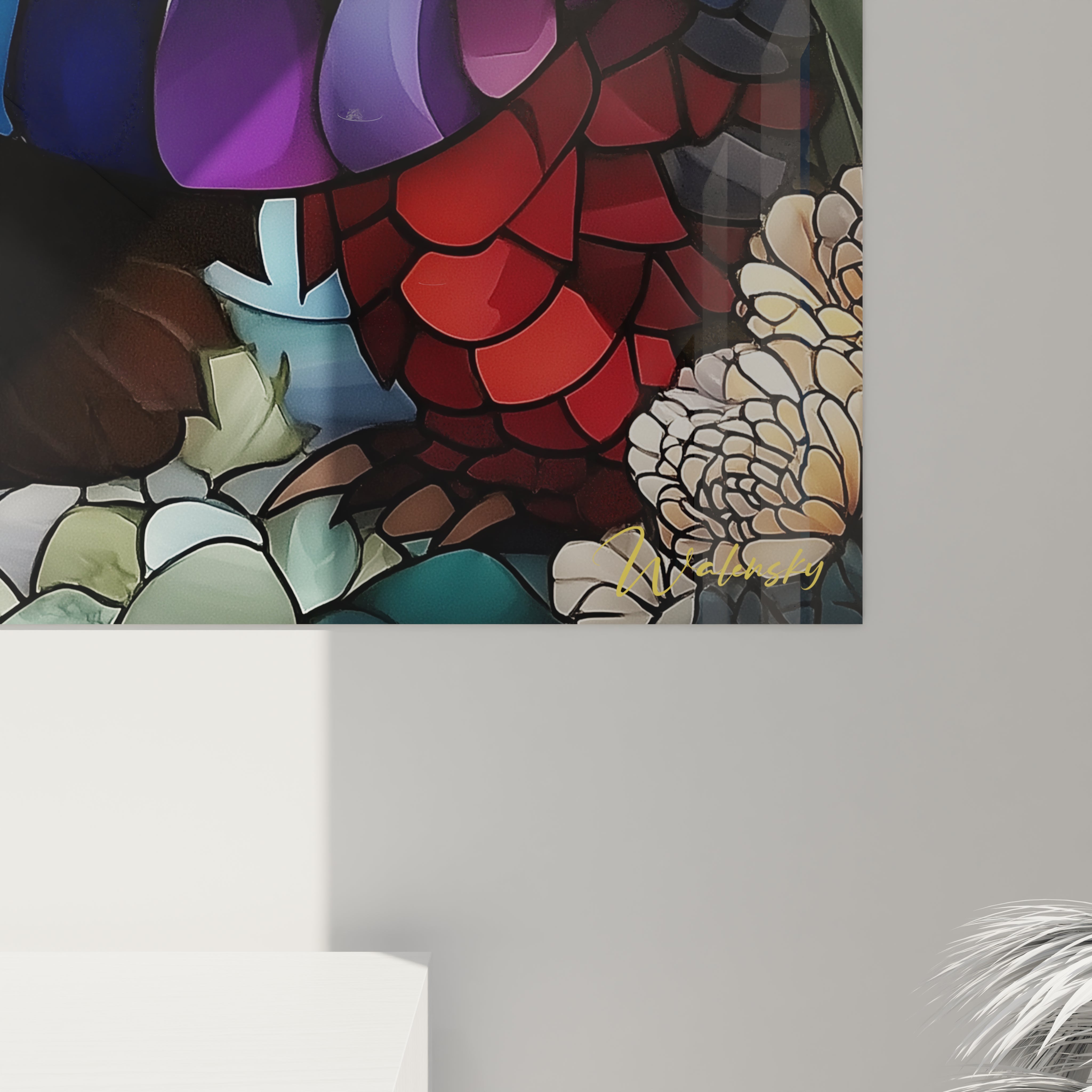 Vue ensemble tableau décoratif pangolin style mosaïque colorée fleurs stylisées