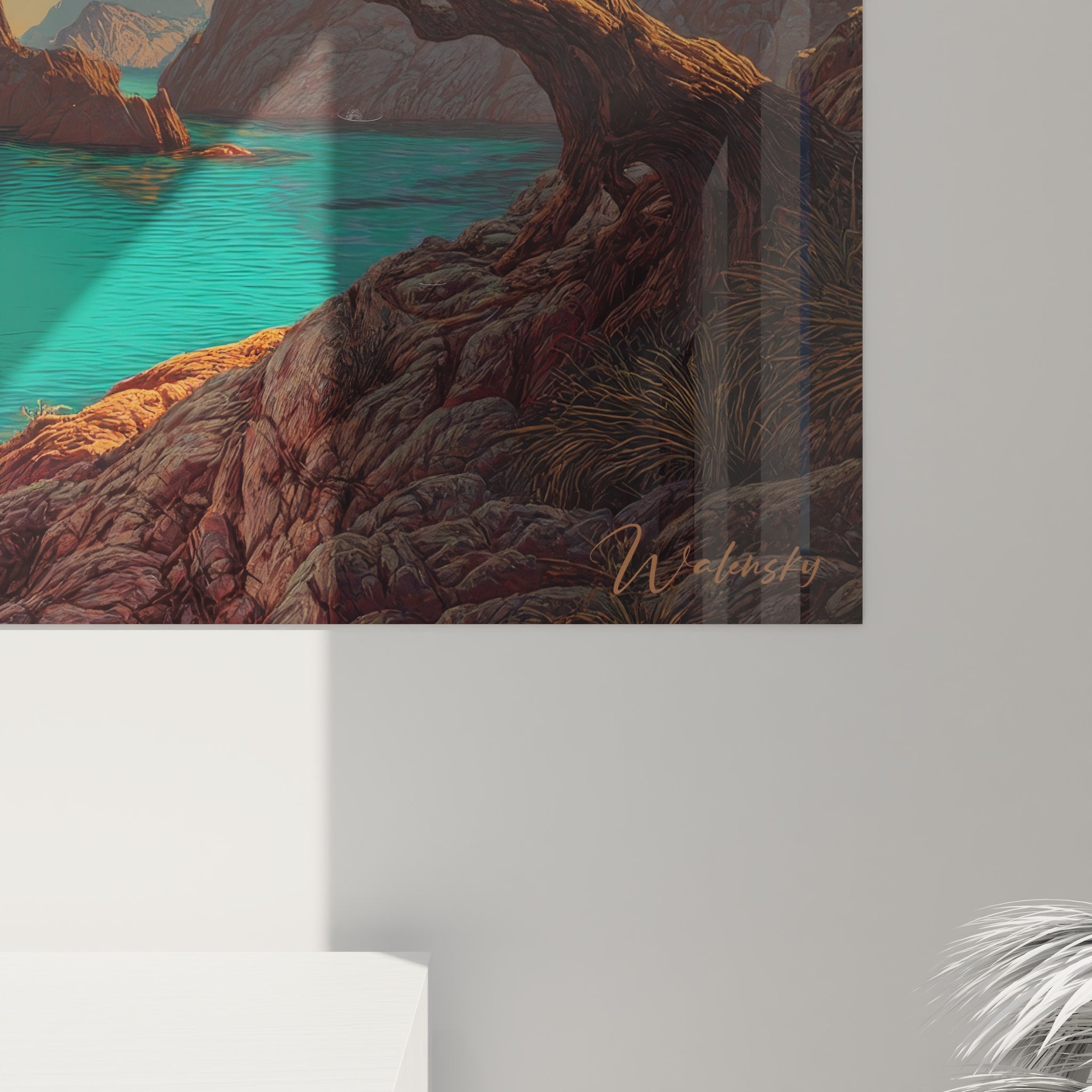 Vue ensemble tableau décoratif paysage côtier méditerranéen crique turquoise art mural bord de mer