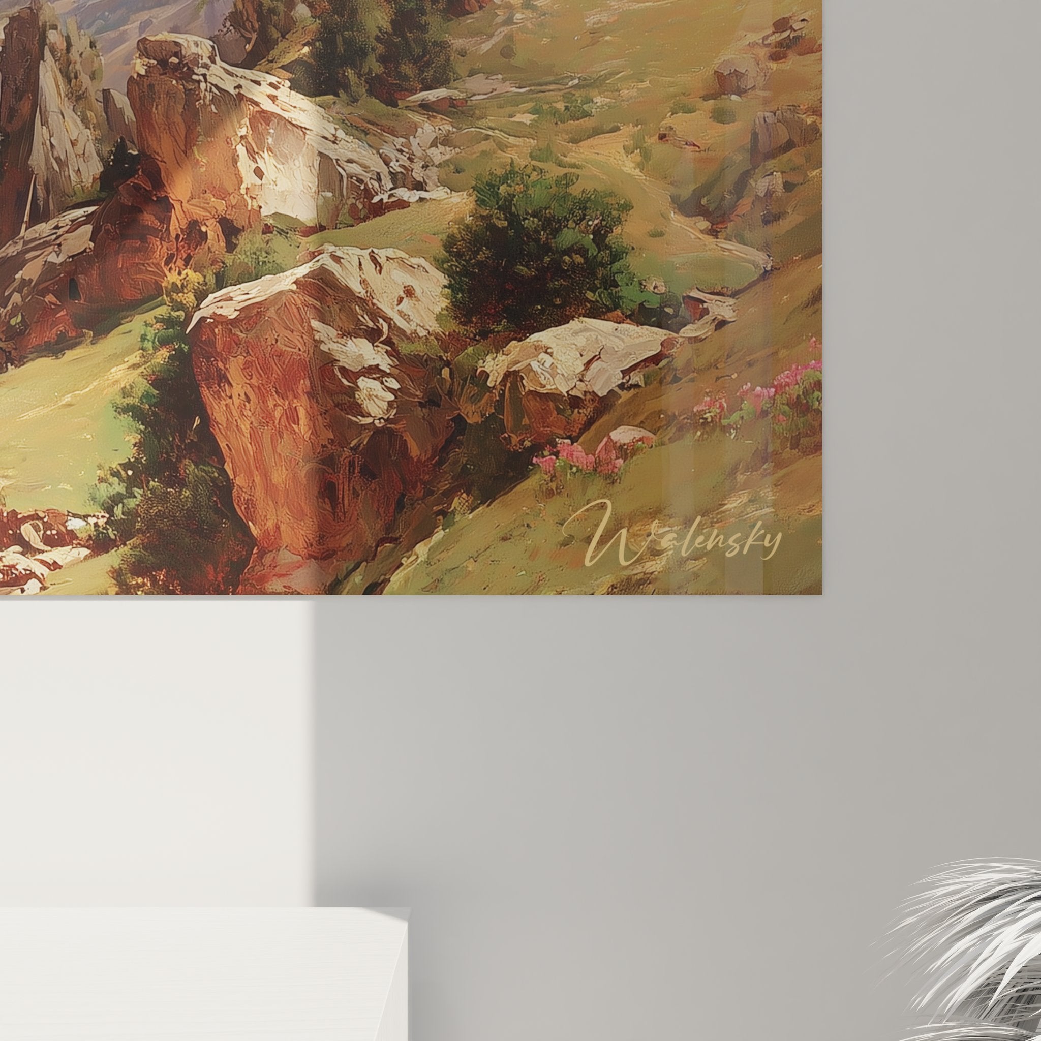 Vue ensemble tableau décoratif montagne paysage alpin Dolomites vallée chalets art mural montagnard