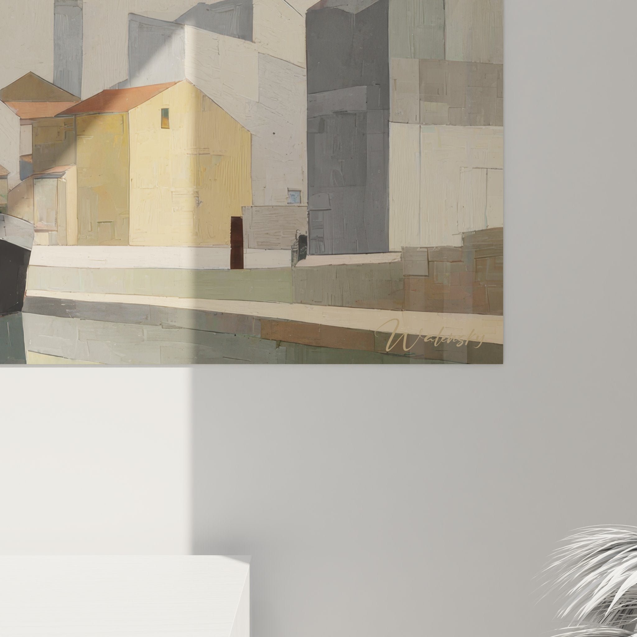 Vue ensemble tableau décoratif port industriel peinture maritime architecture méditerranéenne