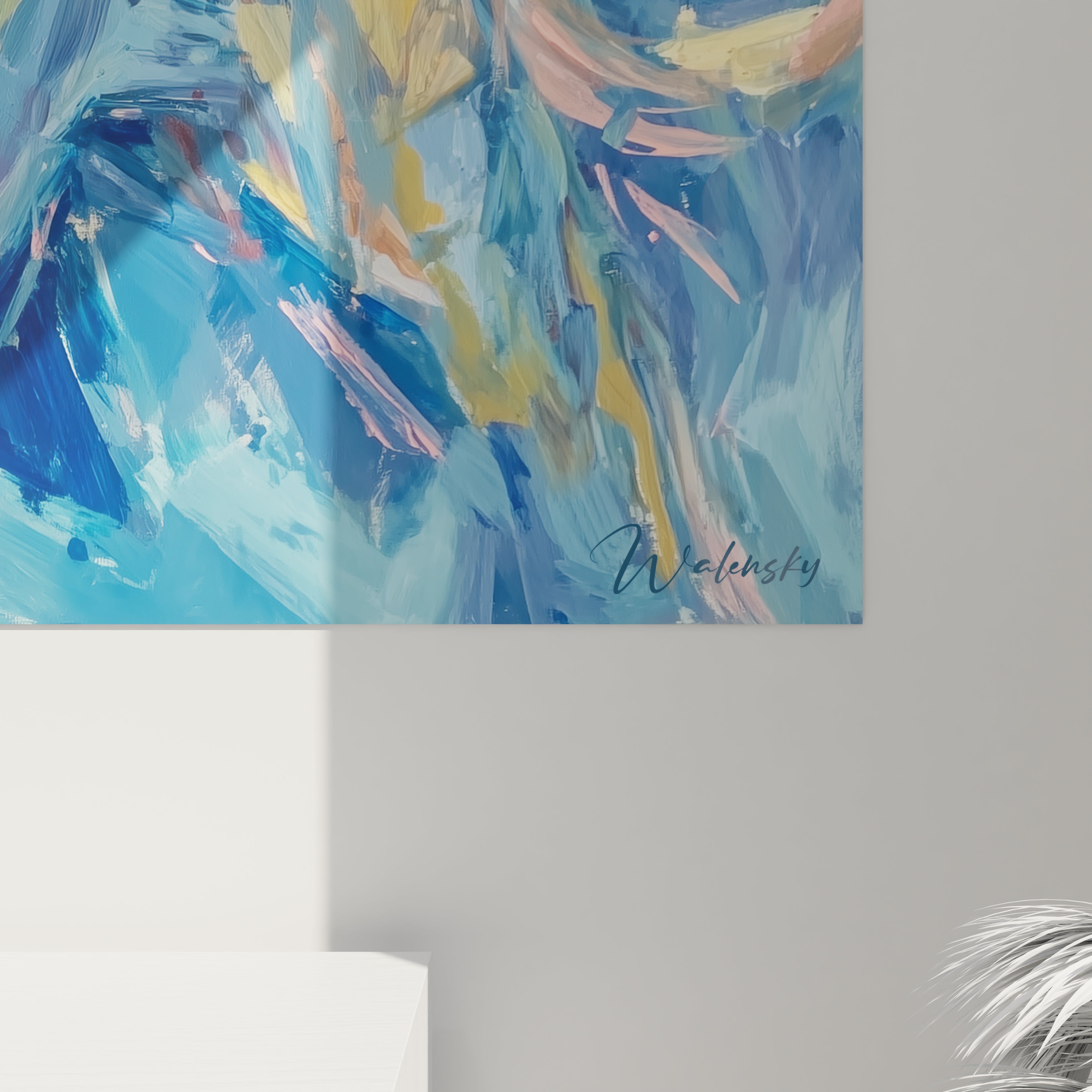 Vue ensemble tableau décoratif smilodon art mural préhistorique style contemporain coloré