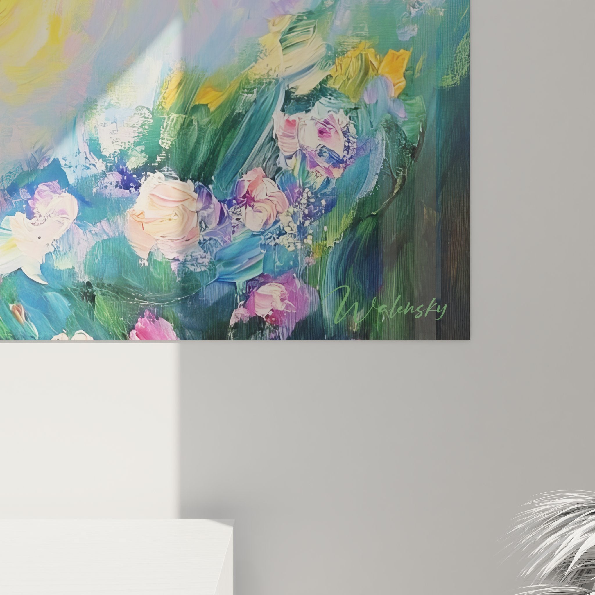 Vue ensemble tableau décoratif spirale florale abstraite révélant composition complète et harmonie couleurs