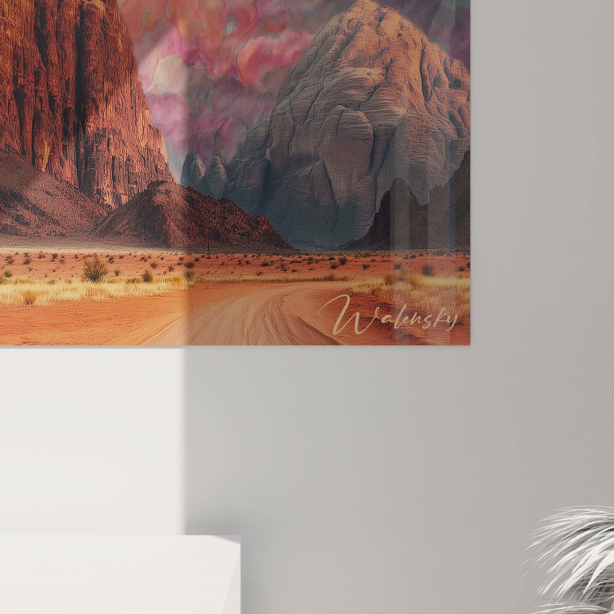 Vue ensemble tableau mural désert formations rocheuses nuages multicolores œuvre complète