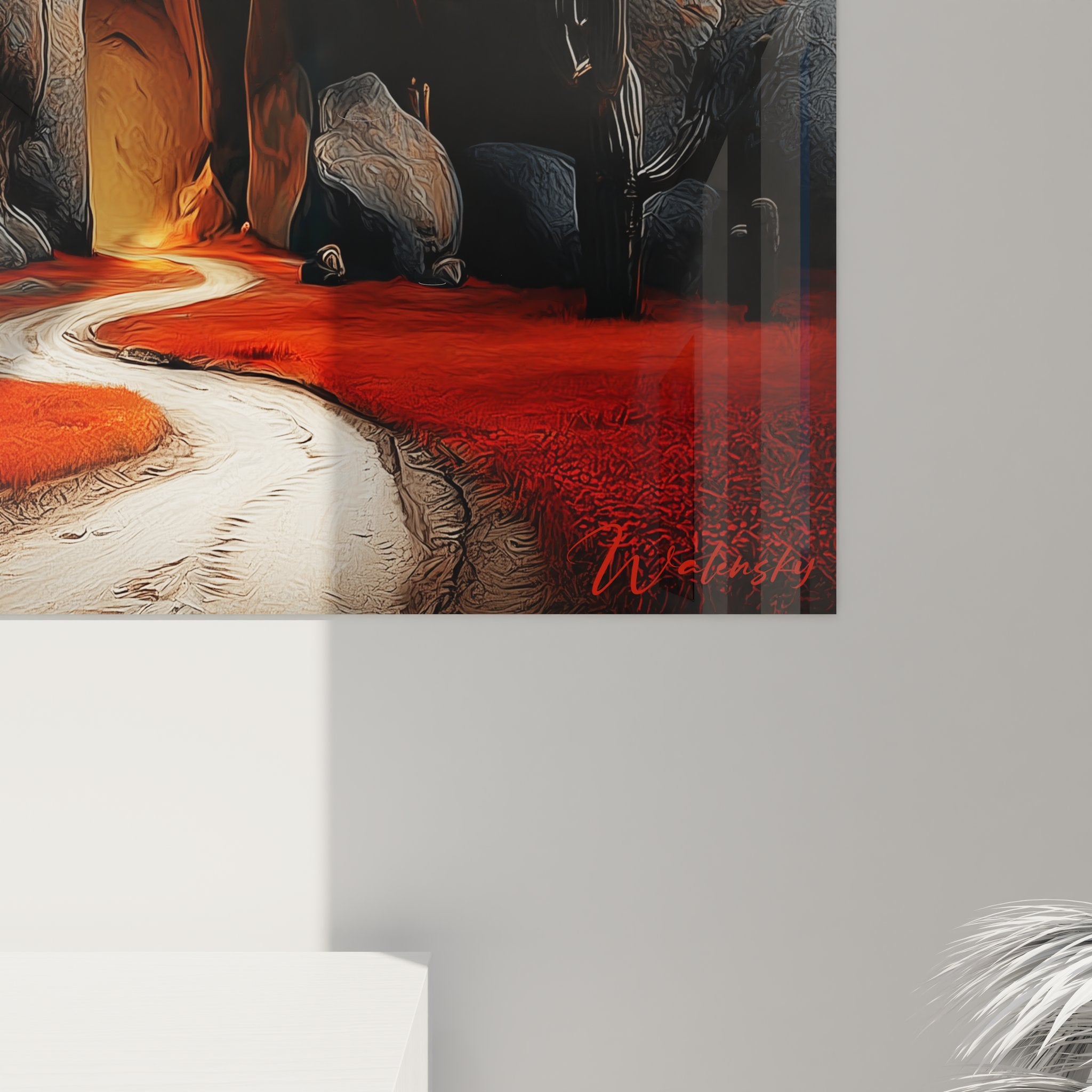 Vue ensemble tableau désert surréaliste avec formations rocheuses et végétation rouge