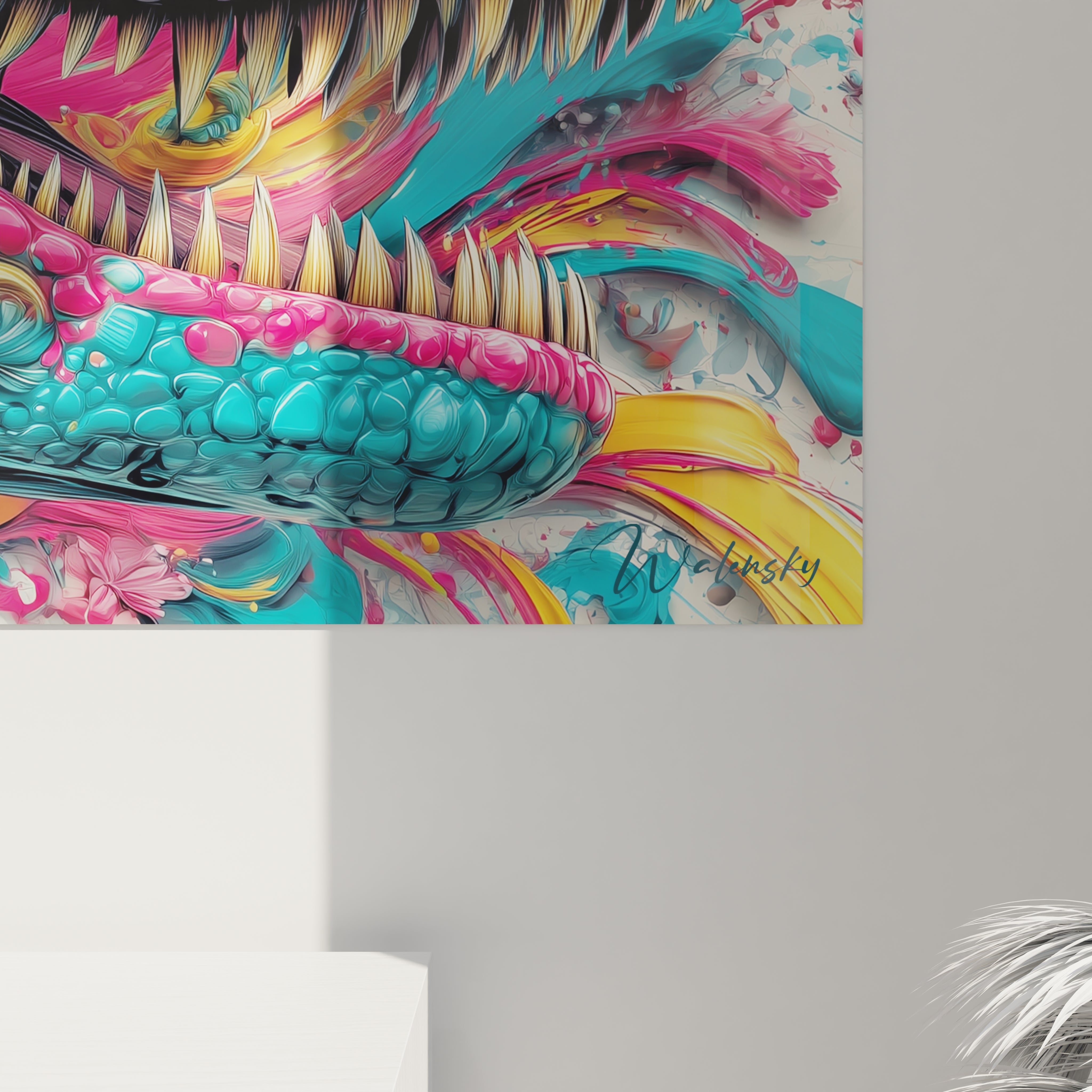 Vue ensemble tableau dinosaure psychédélique art mural coloré décoration intérieure