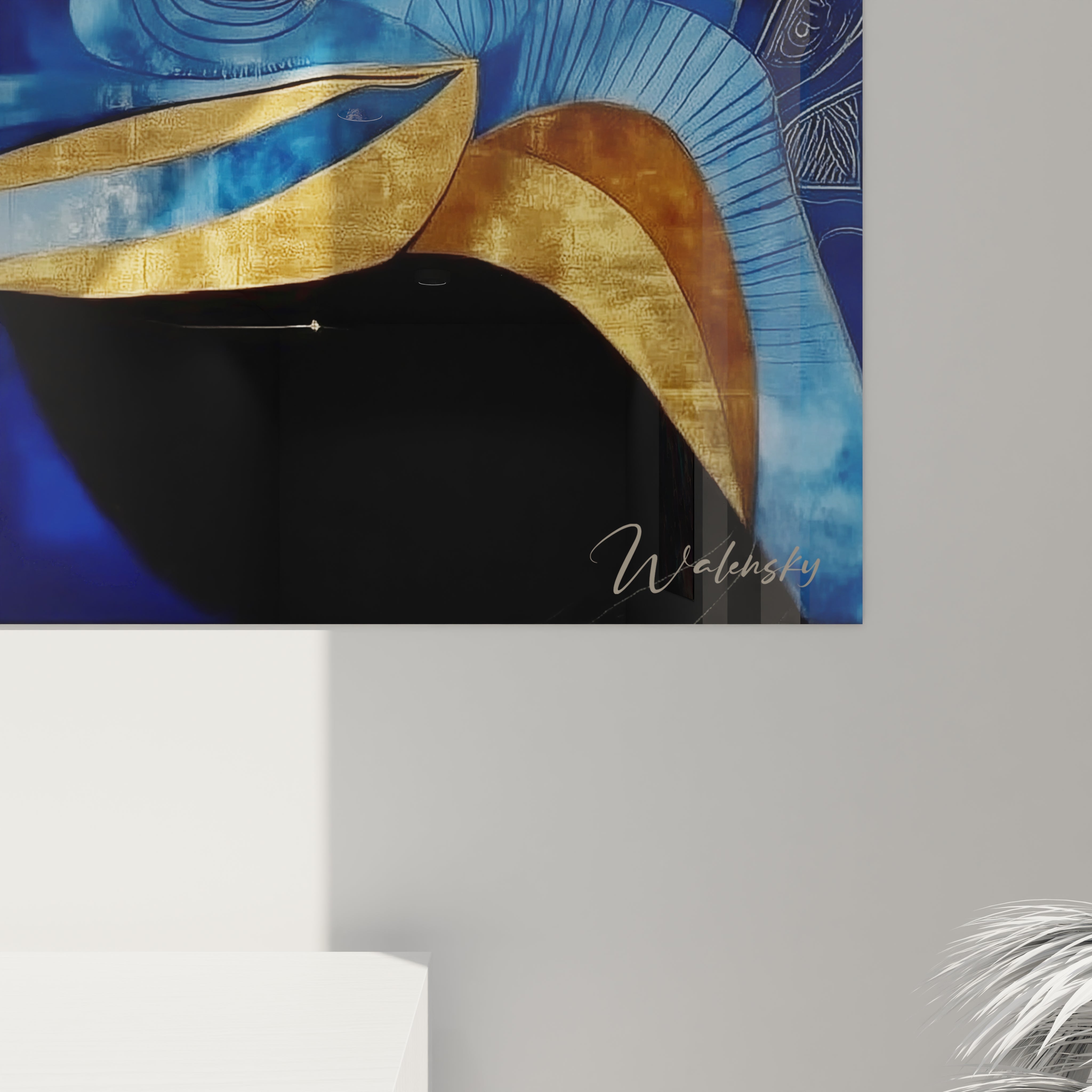 Vue ensemble tableau mural dinosaures aquatiques style abstrait décoration moderne tons bleu or