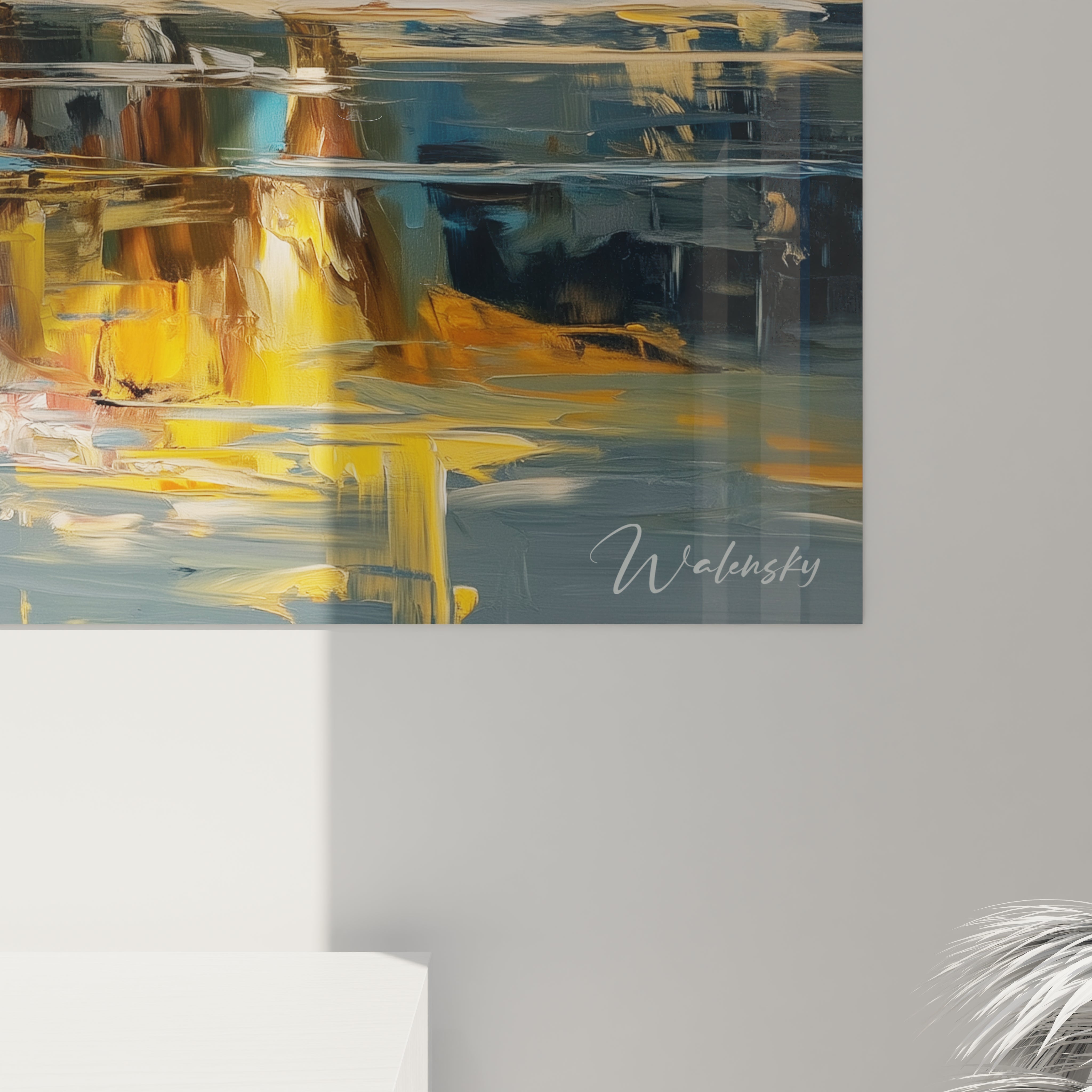 Vue d'ensemble tableau mural dinosaures au bord de l'eau, art décoratif préhistorique moderne