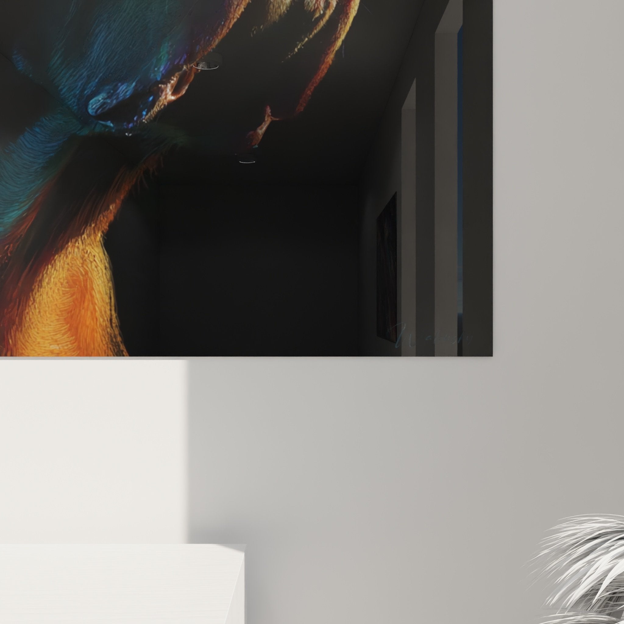 Vue d'ensemble tableau mural Dogue de Bordeaux artistique dans intérieur moderne avec éclairage d'ambiance