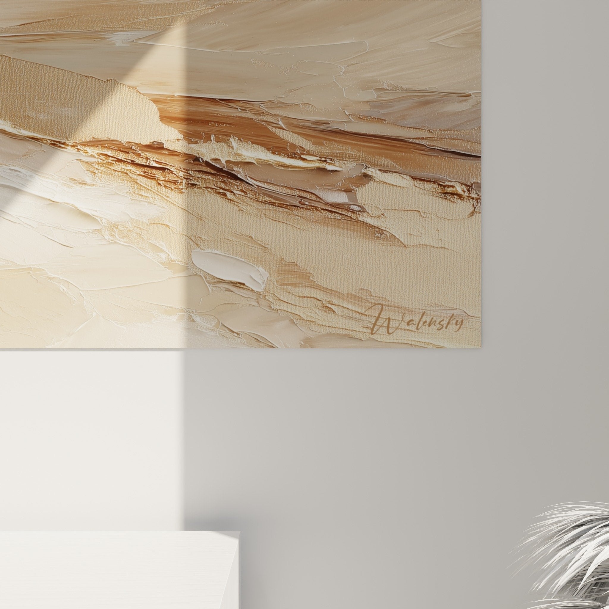 Overall view abstract wall art painting golden ochre flows in modern feng shui earth center interior
